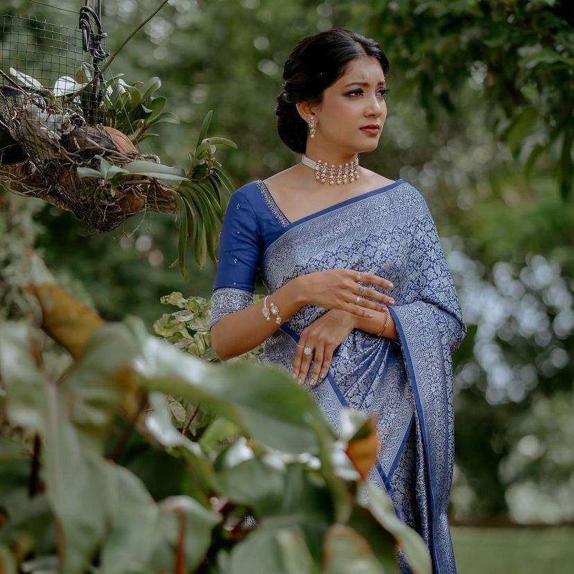 Royal Blue Silk Saree with Silver Zari Work & Rich Pallu