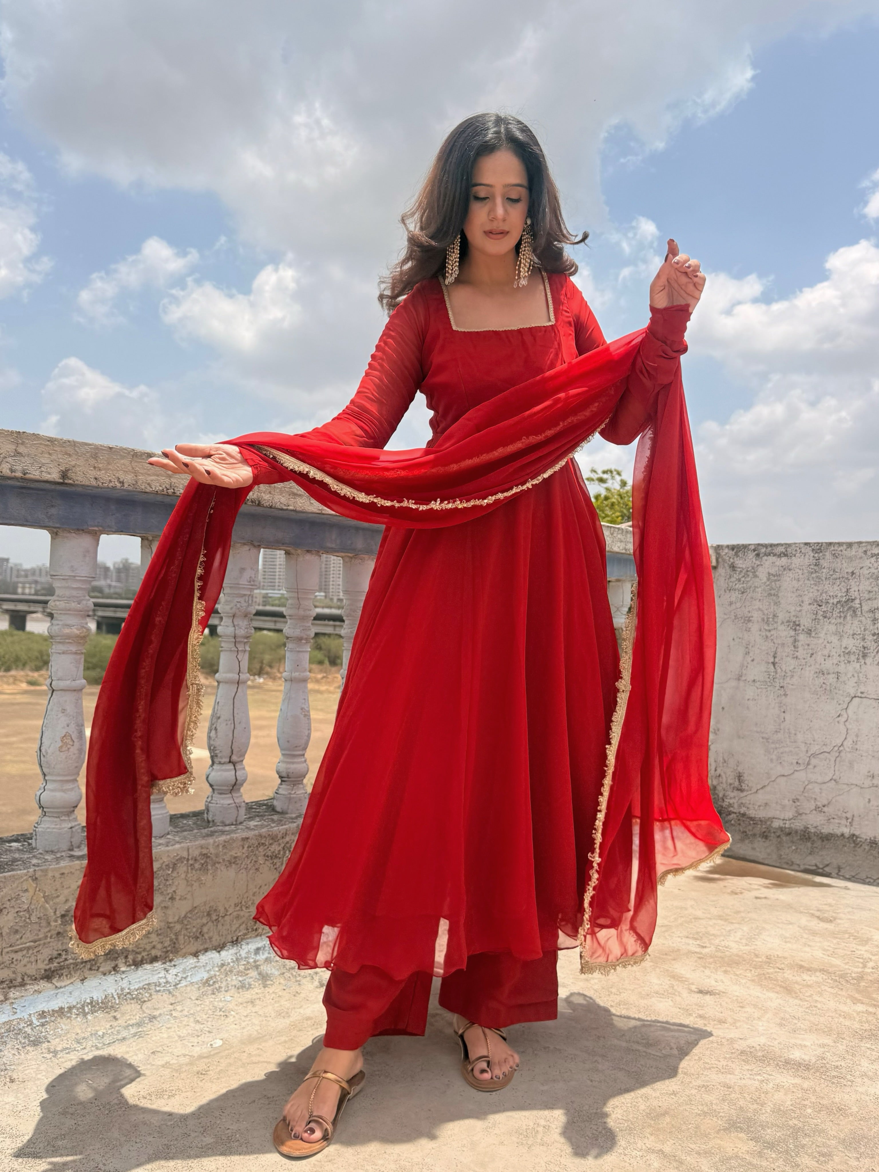 Classic Red Georgette Anarkali Suit Set with Lace Border Dupatta