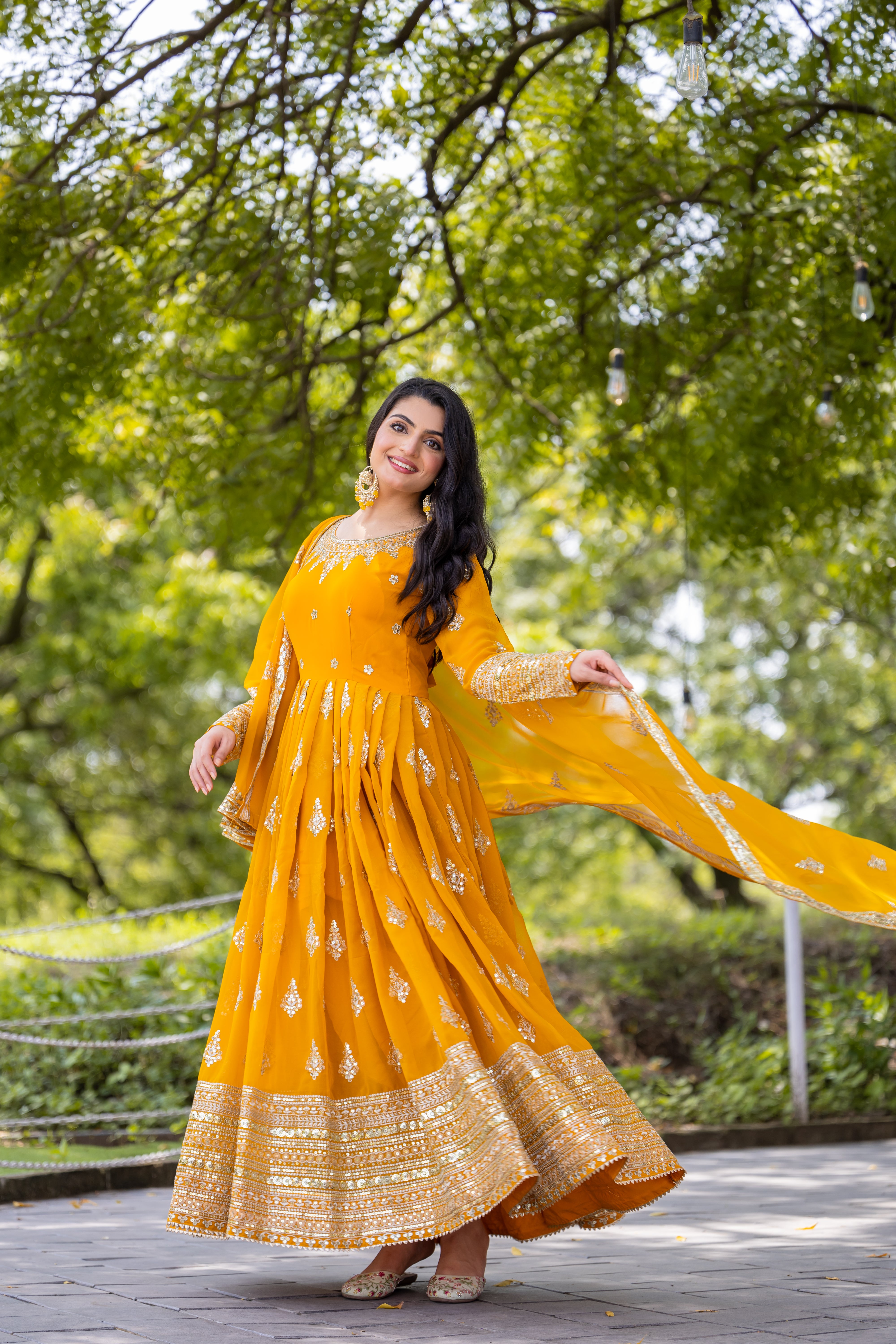 georgette flared Anarkali suit set with heavy sequin border and matching dupatta