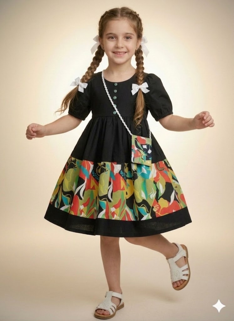 Girls Printed Party Wear Frock Dress with Sling Bag