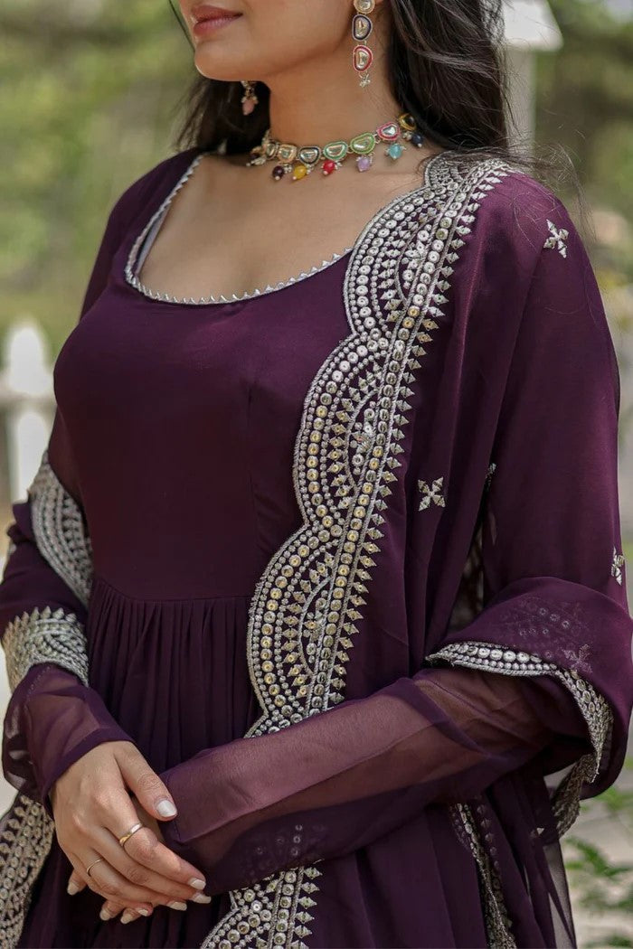 Dark Purple Anarkali Gown with Embroidered Dupatta for Women