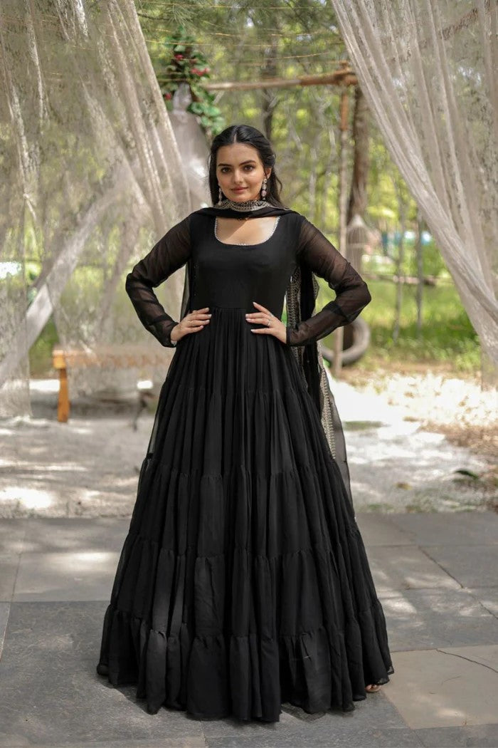 Women's Black Tiered Georgette Anarkali Gown with Heavy Scalloped Embroidery Dupatta