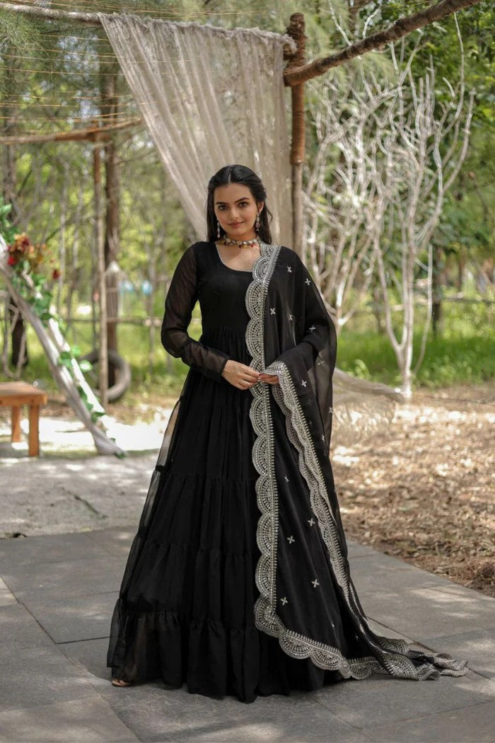 Women's Black Tiered Georgette Anarkali Gown with Heavy Scalloped Embroidery Dupatta