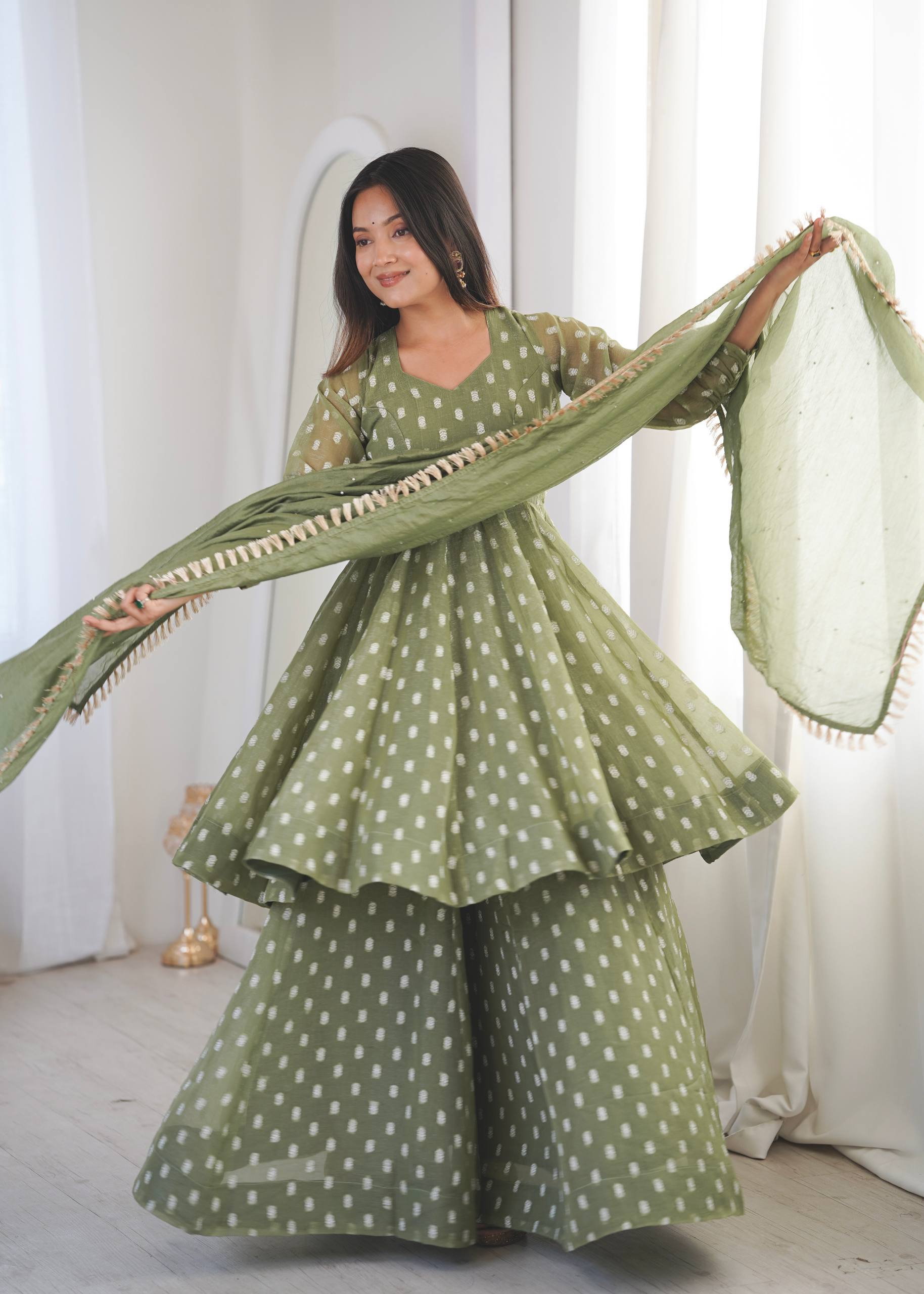 Organza Jaal Print Peplum Sharara Suit Set with Fringe Lace Dupatta