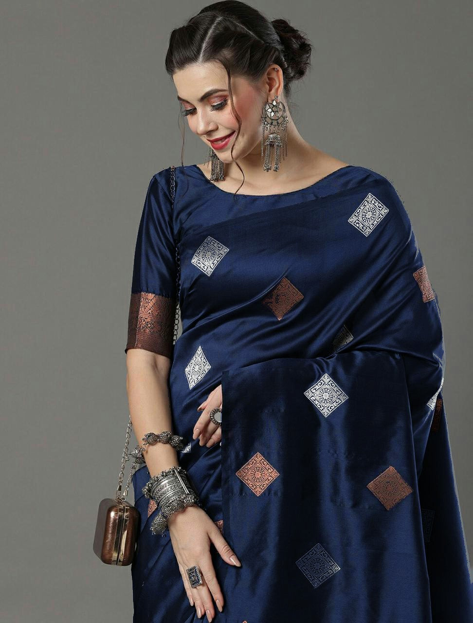 Blue Saree With Heavy Zari And Copper Work