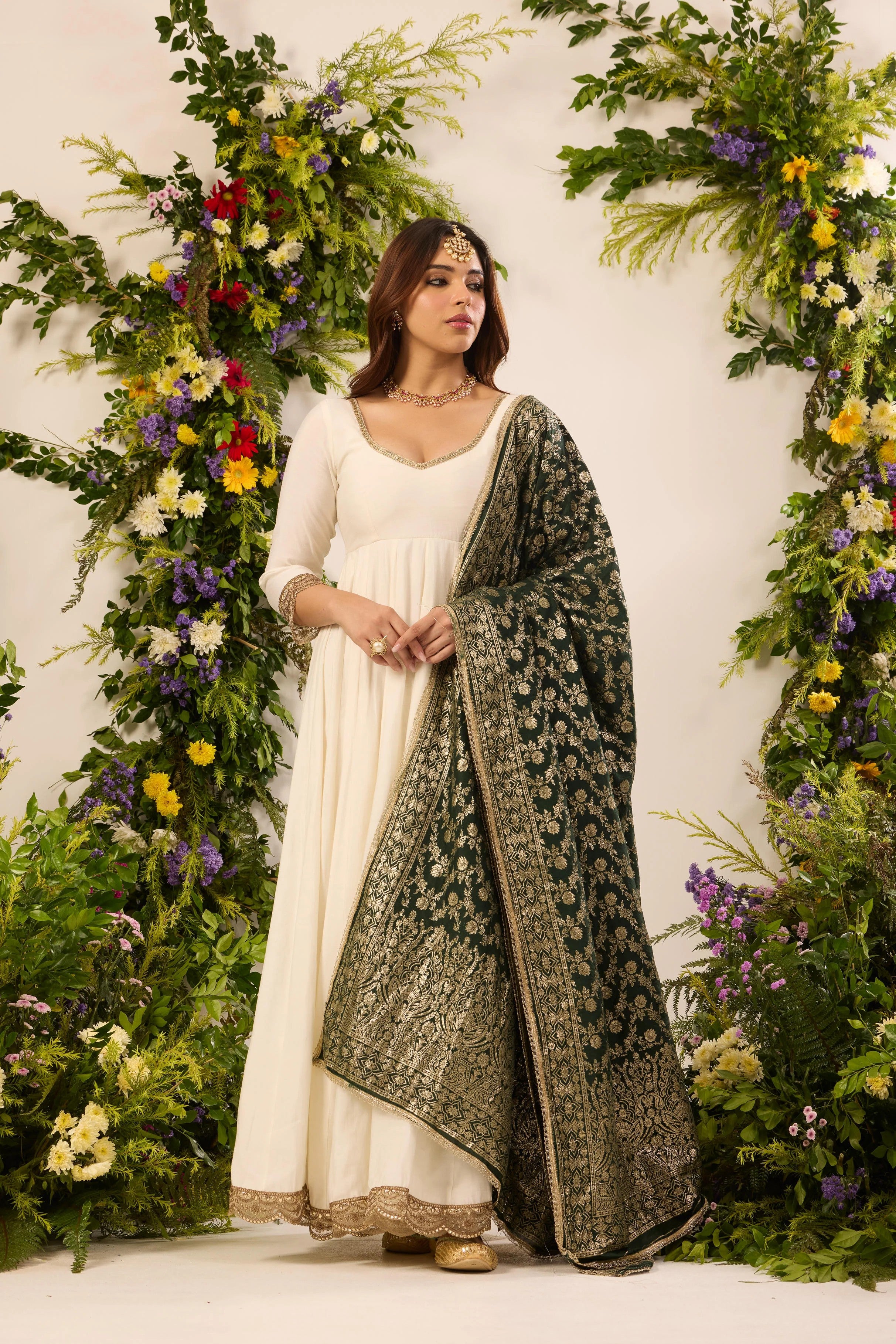 Off-White Anarkali Suit Set with Embroidered Border & Heavy Banarasi Zari Woven Dupatta