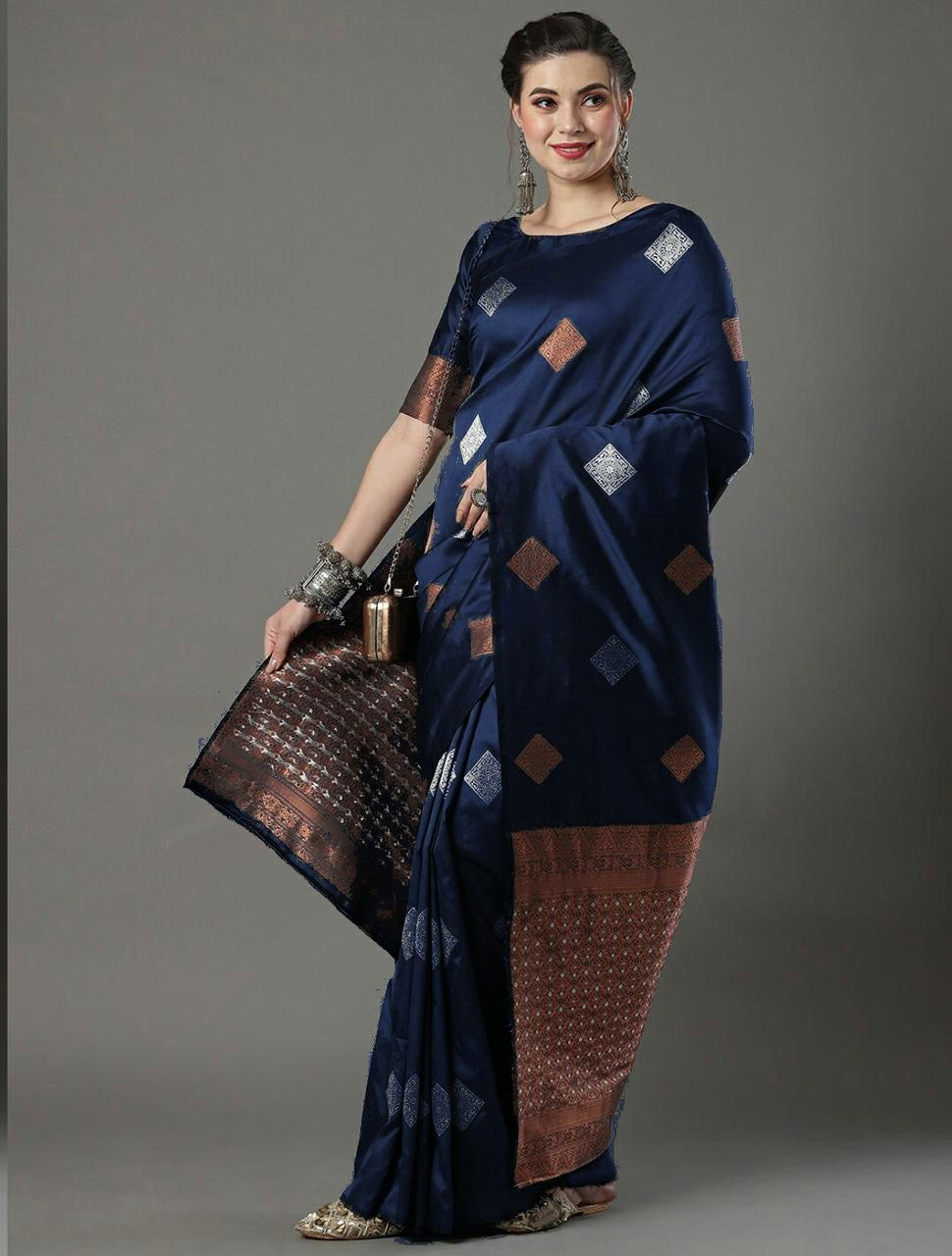 Blue Saree With Heavy Zari And Copper Work