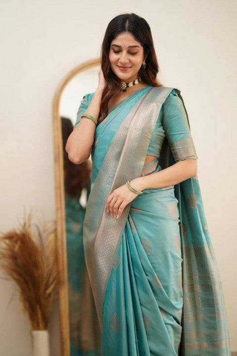 Teal Green Silk Saree with Gold Zari Border