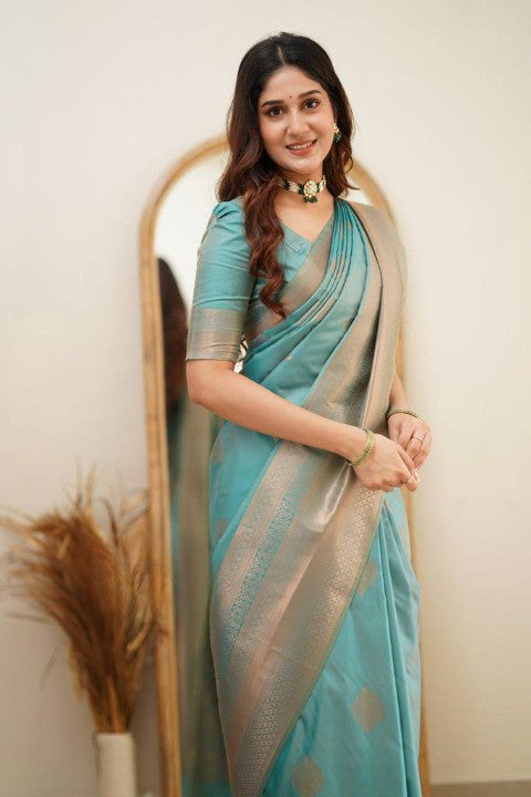 Teal Green Silk Saree with Gold Zari Border