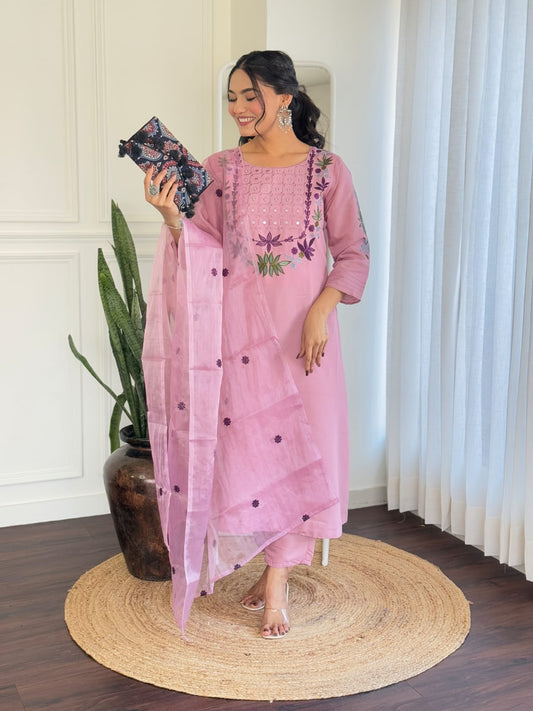 Charming Pink Embroidered Kurta Set with Sheer Dupatta