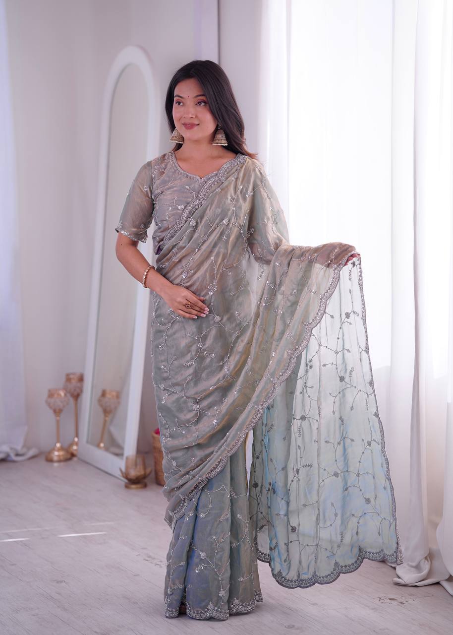 Tissue Organza Embroidered Saree with Cutwork Border & Unstitched Blouse Piece