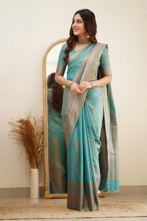 Teal Green Silk Saree with Gold Zari Border