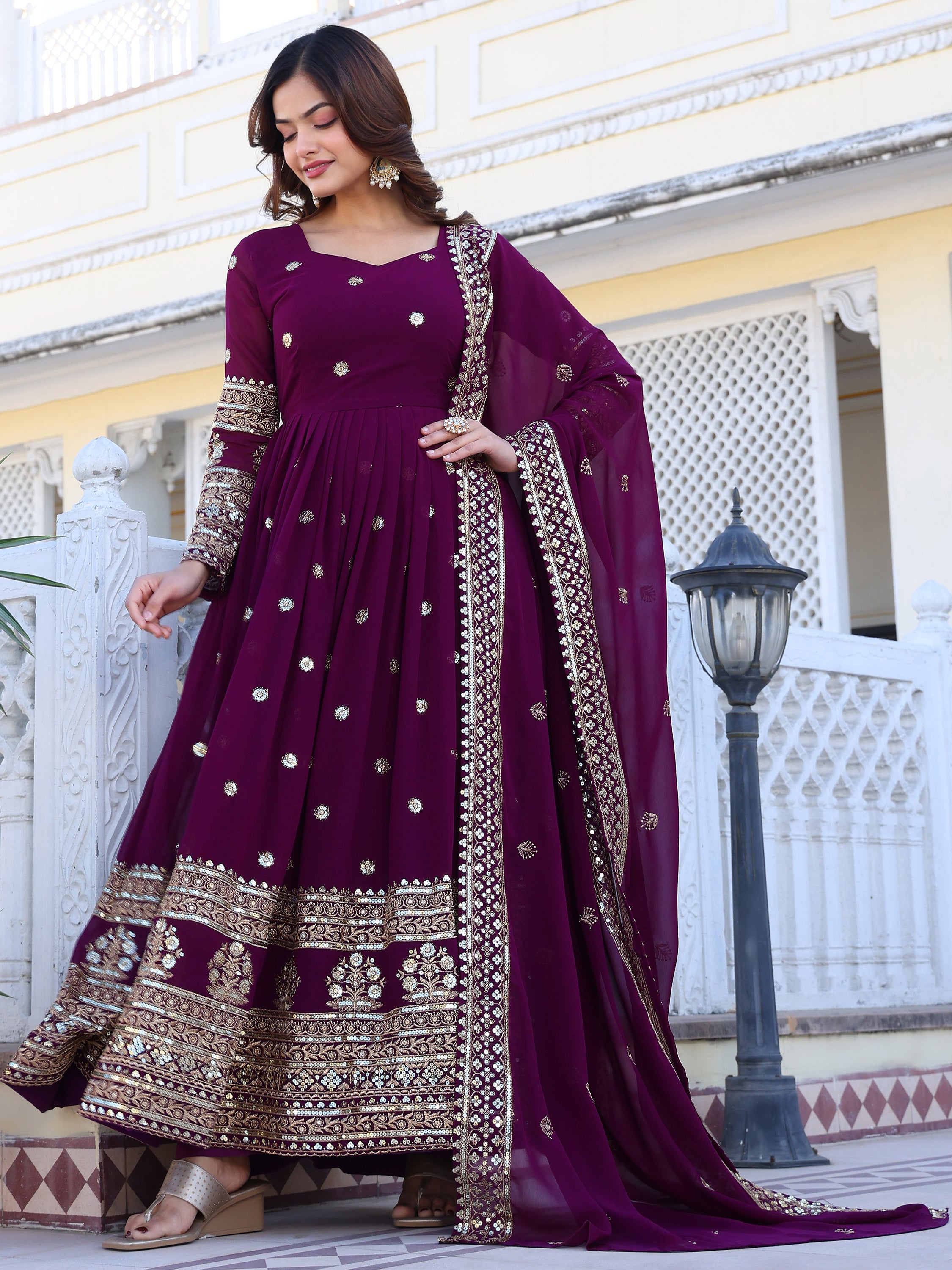 Purple Embroidered Anarkali Kurti with Dupatta for Women