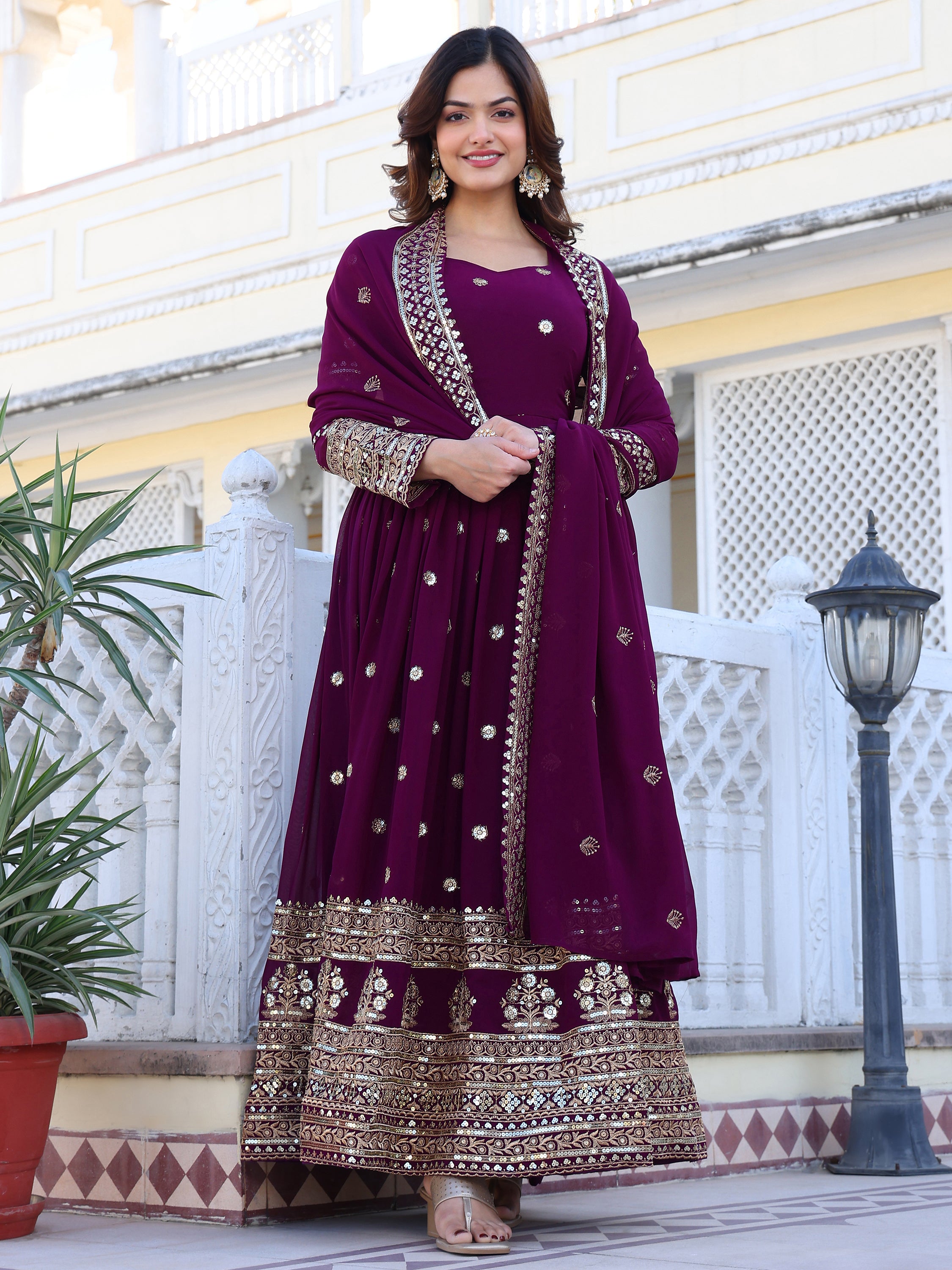 Purple Embroidered Anarkali Kurti with Dupatta for Women