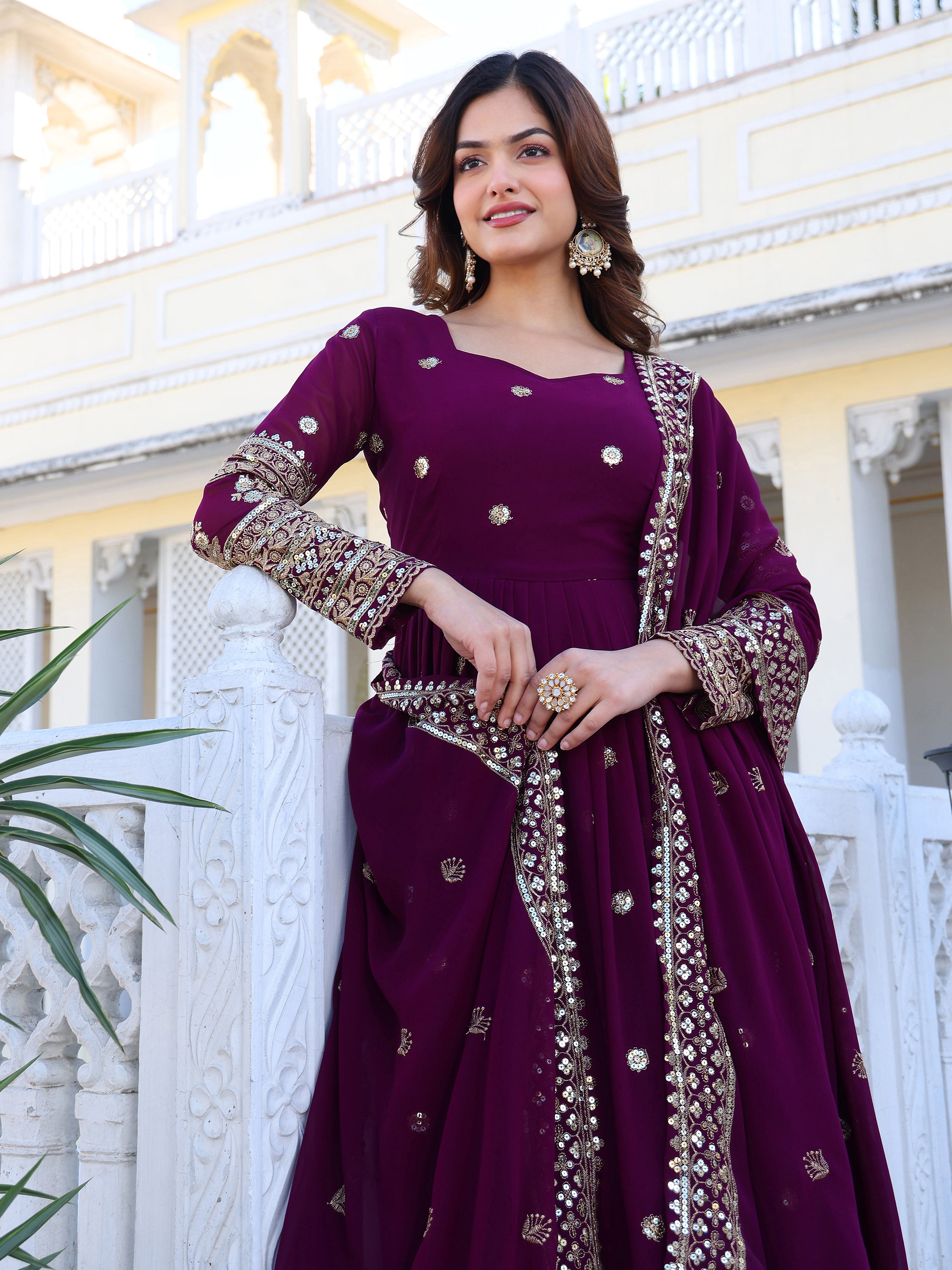 Purple Embroidered Anarkali Kurti with Dupatta for Women