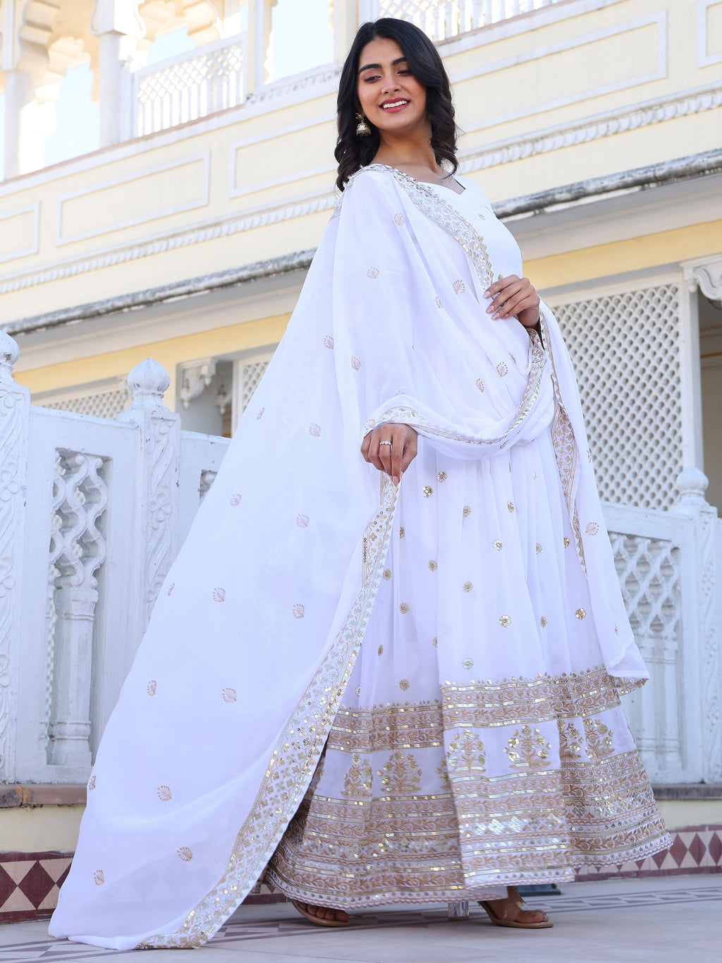 White Embroidered Anarkali Kurti with Dupatta for Women