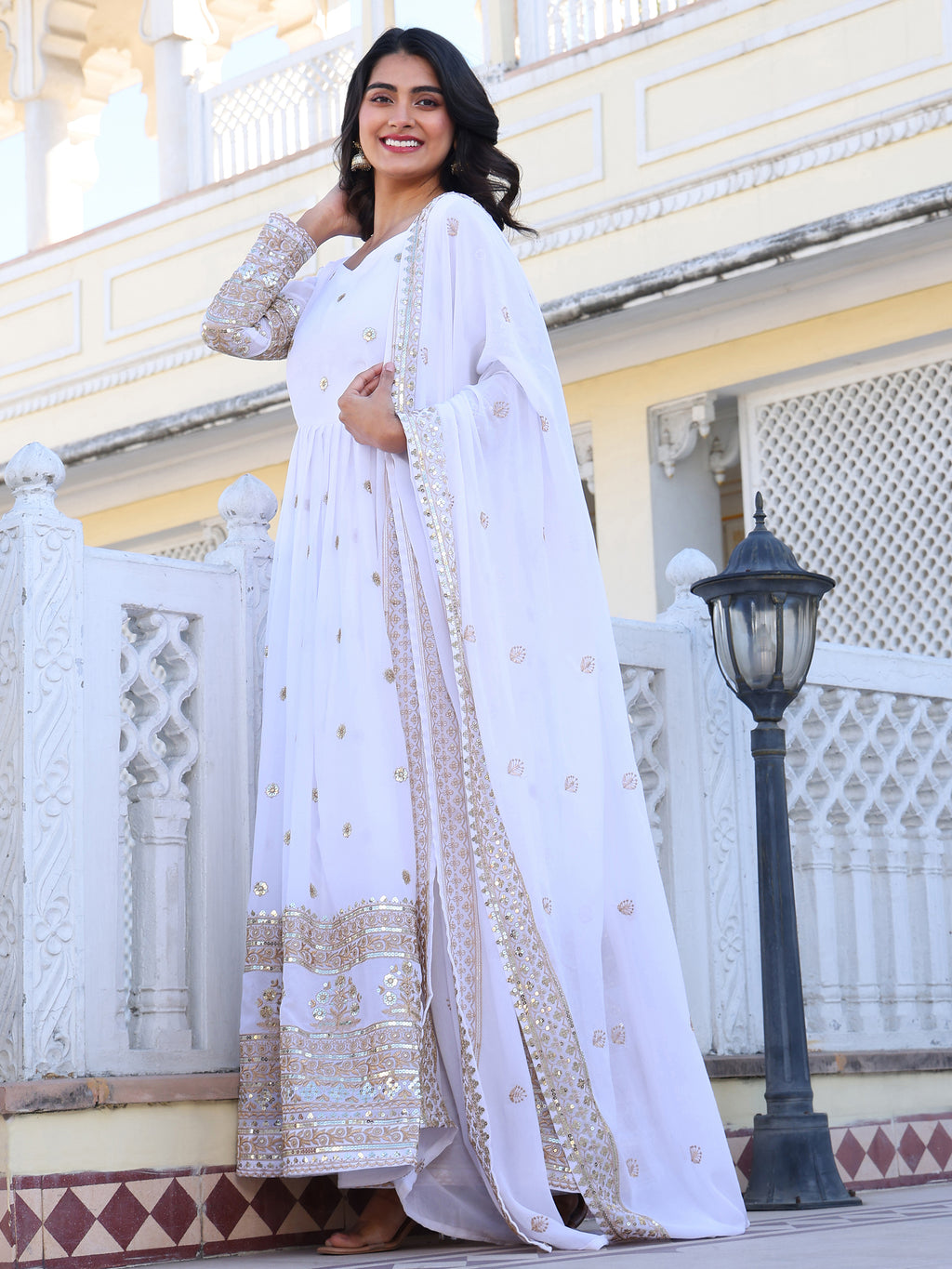 White Embroidered Anarkali Kurti with Dupatta for Women
