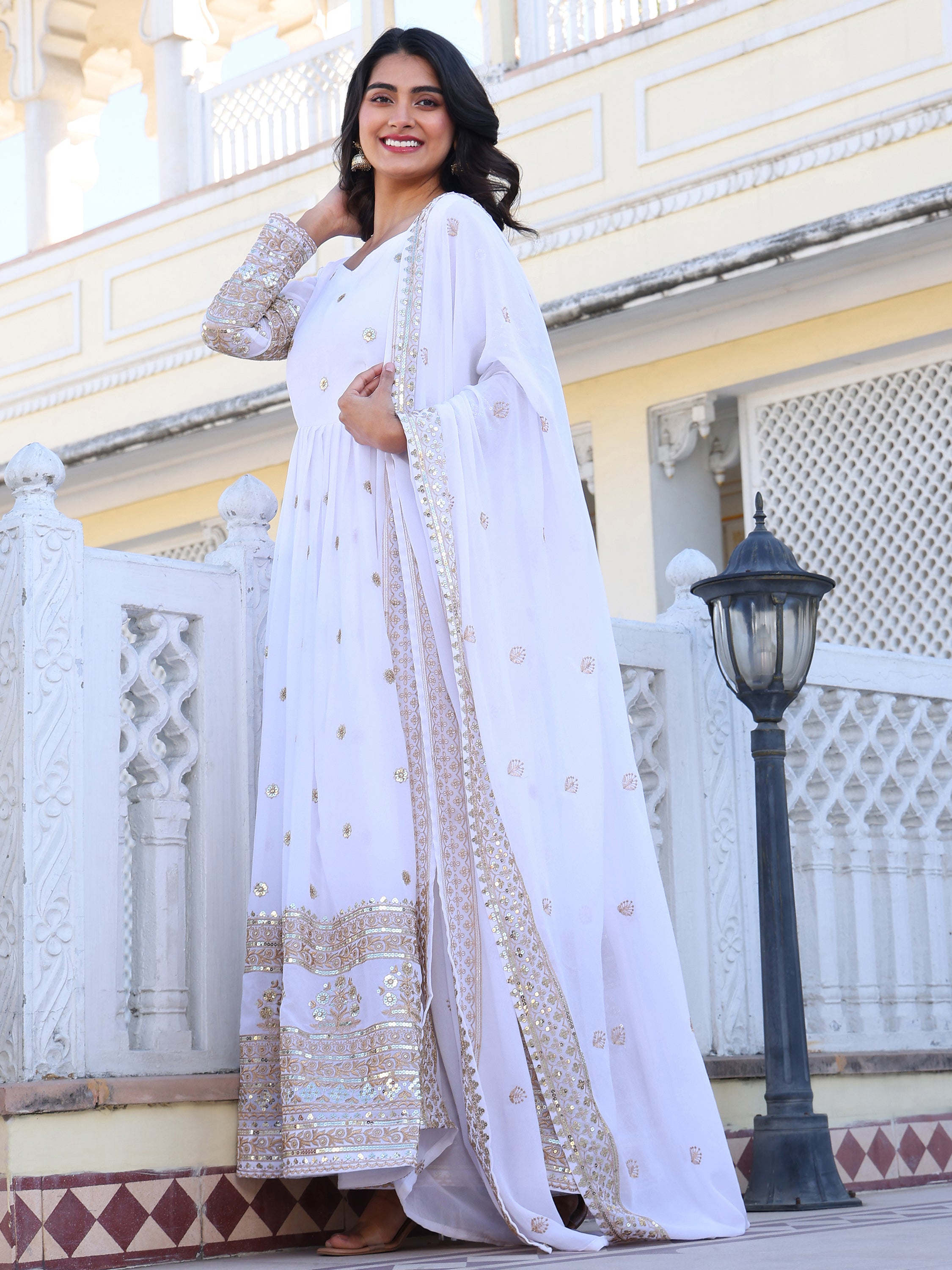 White Embroidered Anarkali Kurti with Dupatta for Women