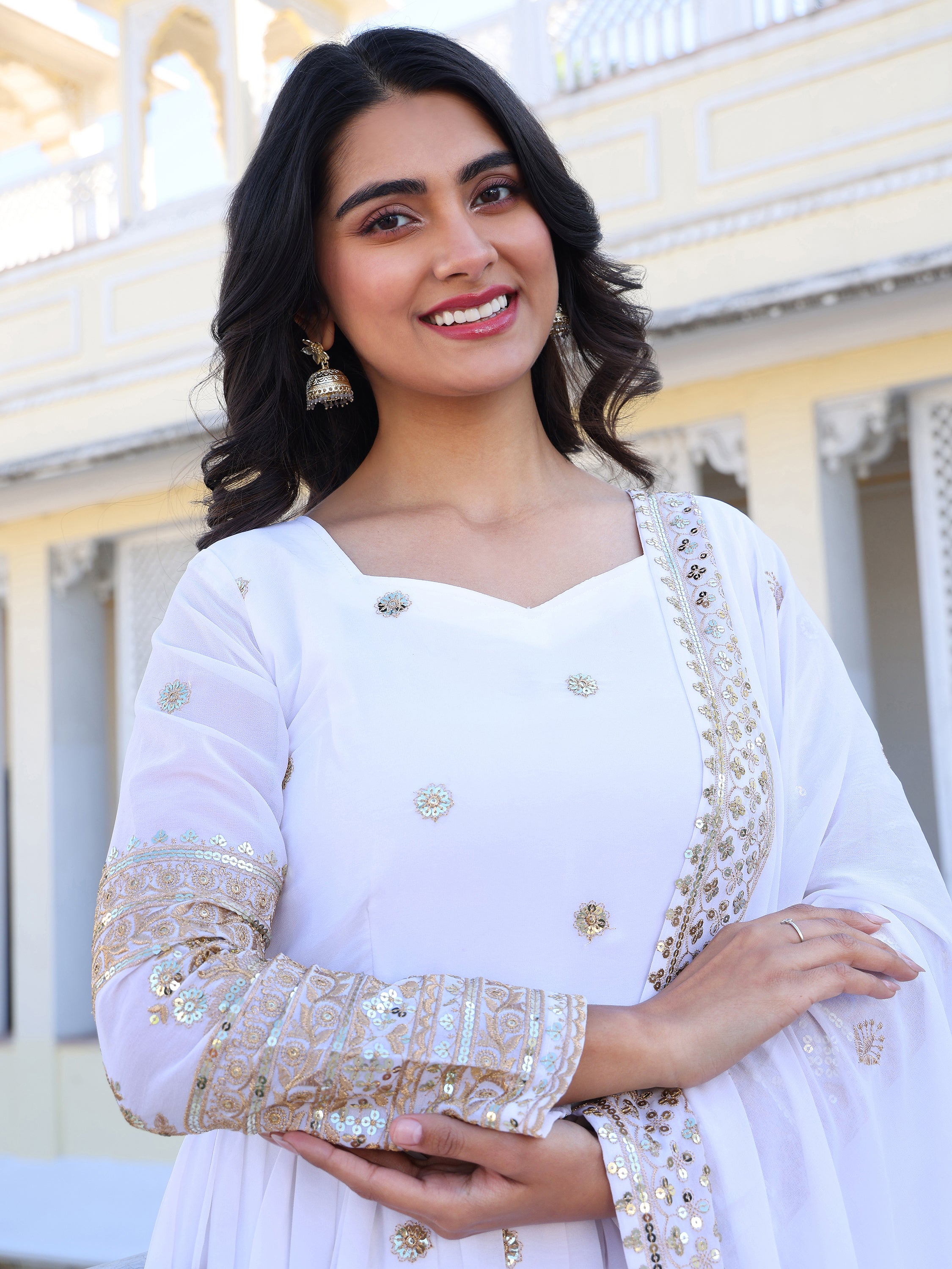 White Embroidered Anarkali Kurti with Dupatta for Women