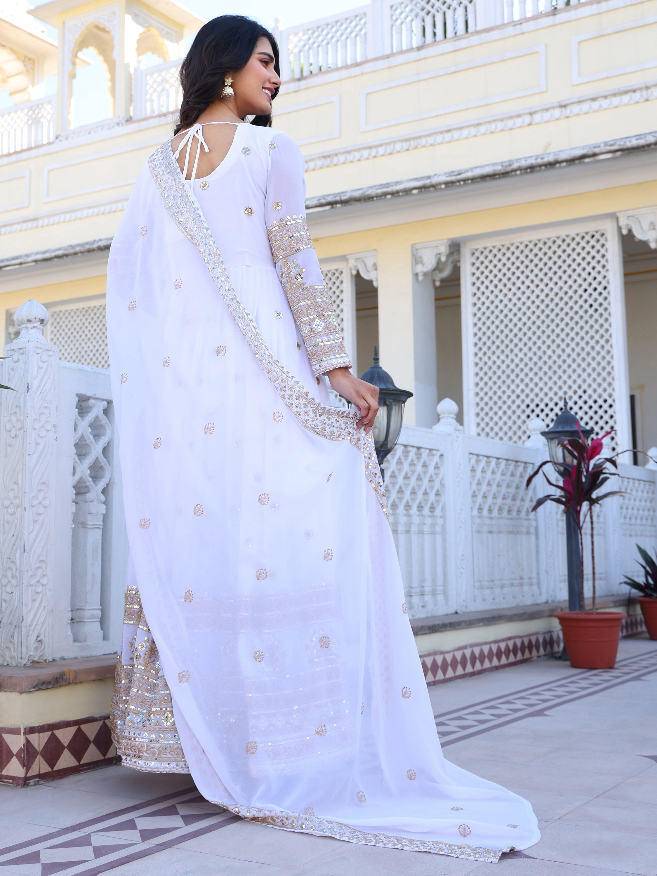 White Embroidered Anarkali Kurti with Dupatta for Women