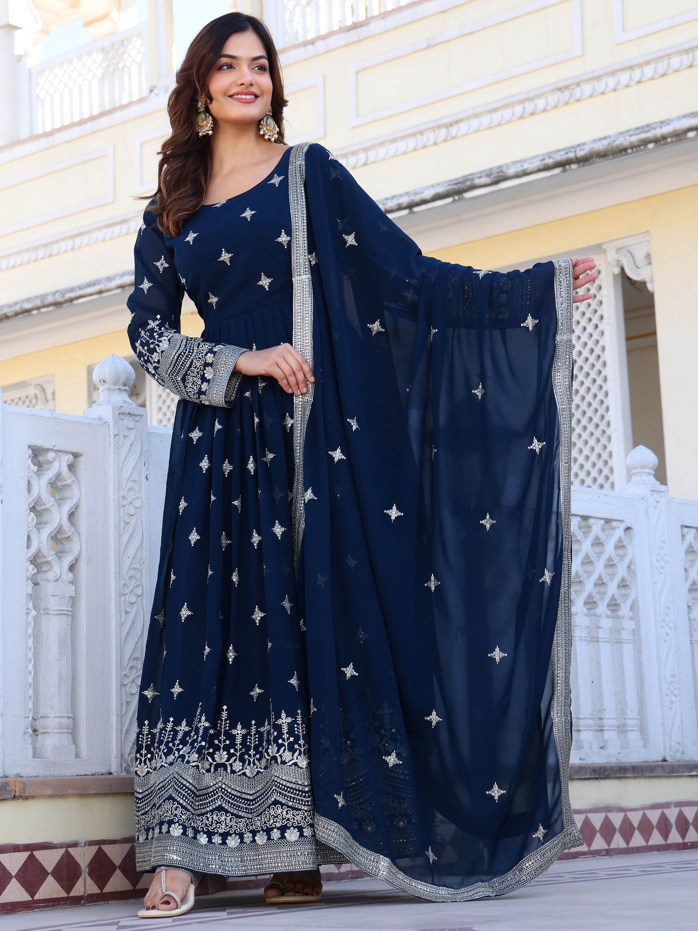 Turquoise Embroidered Anarkali Kurti with Dupatta for Women