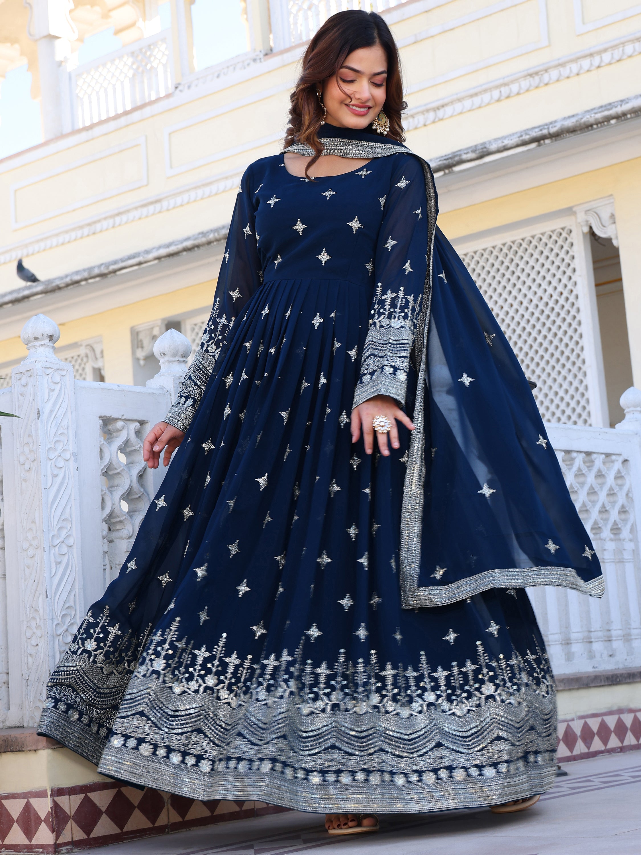 Turquoise Embroidered Anarkali Kurti with Dupatta for Women