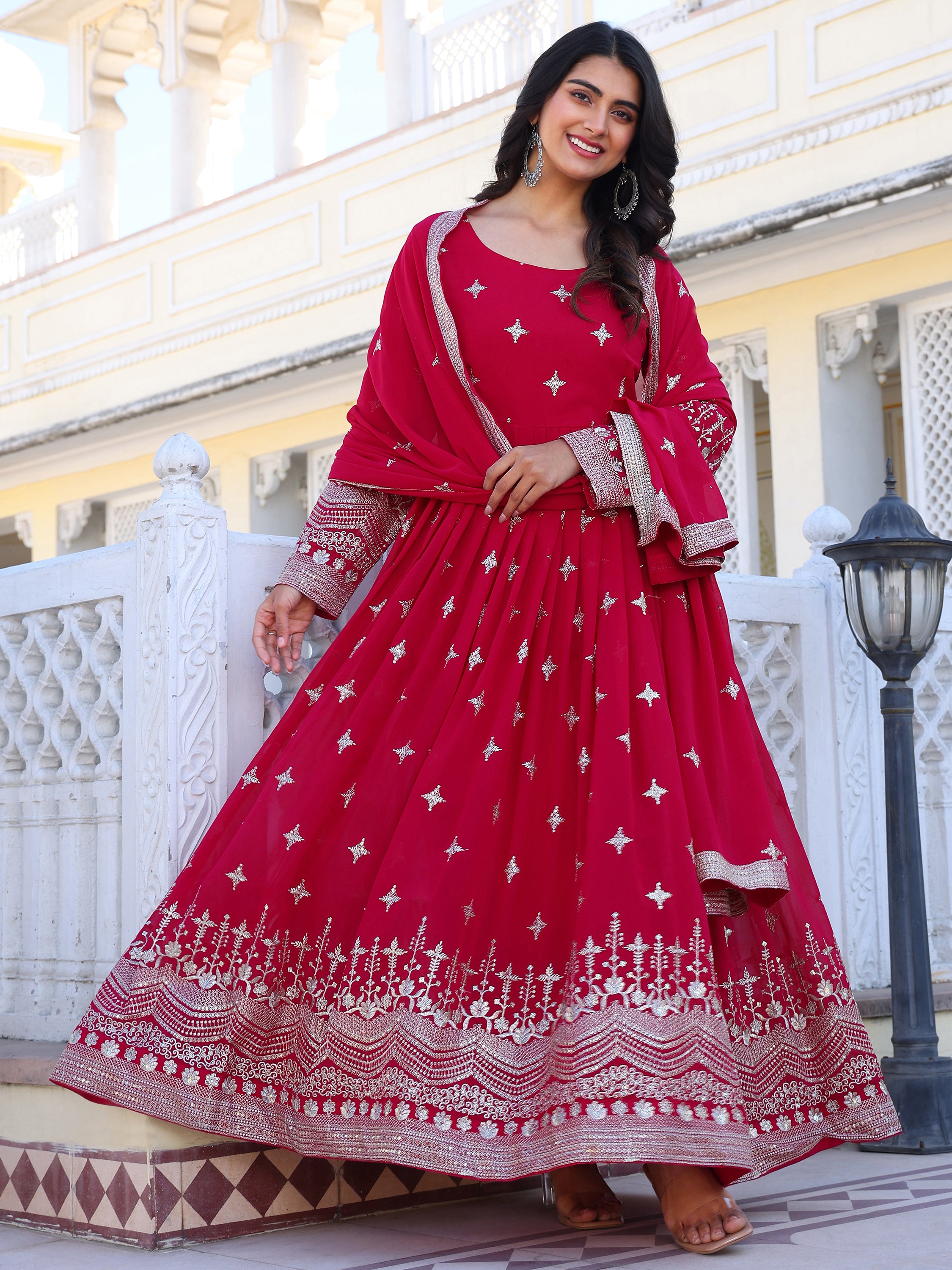 Pink Embroidered Anarkali Kurti with Dupatta for Women