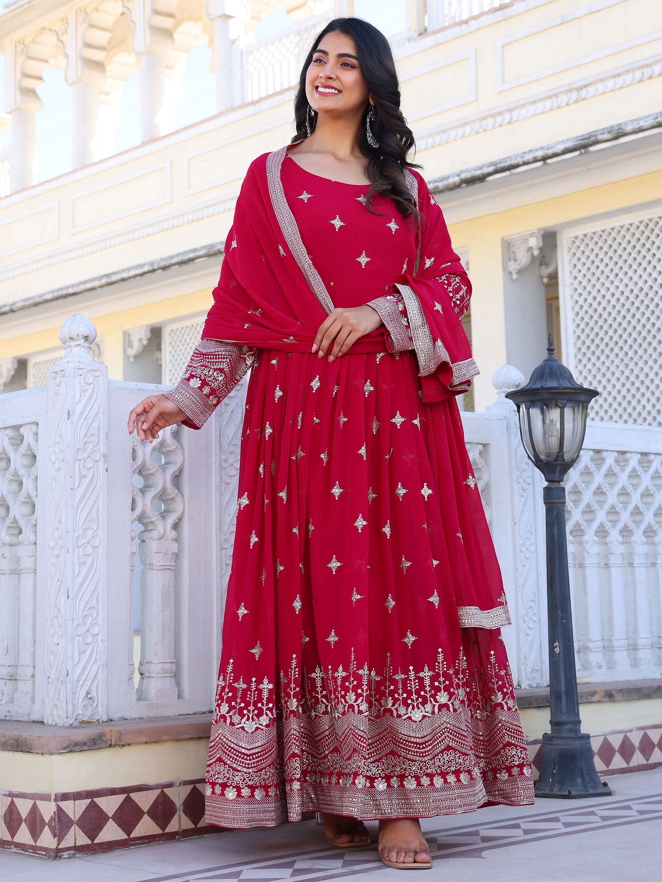 Pink Embroidered Anarkali Kurti with Dupatta for Women