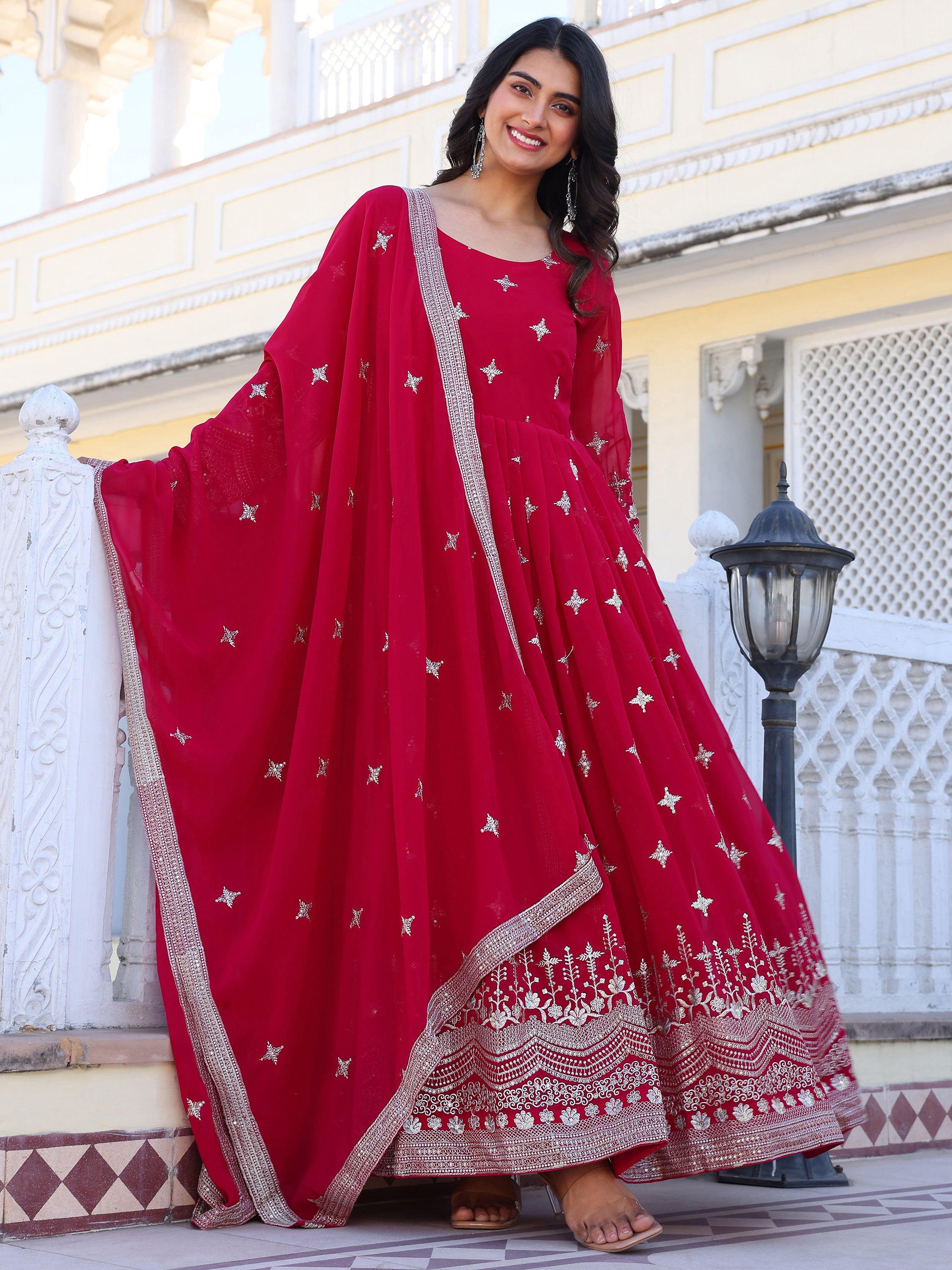 Pink Embroidered Anarkali Kurti with Dupatta for Women