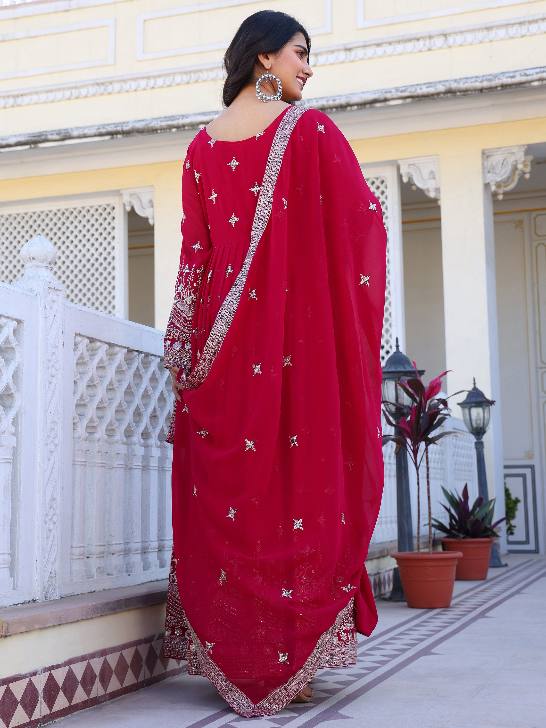 Pink Embroidered Anarkali Kurti with Dupatta for Women