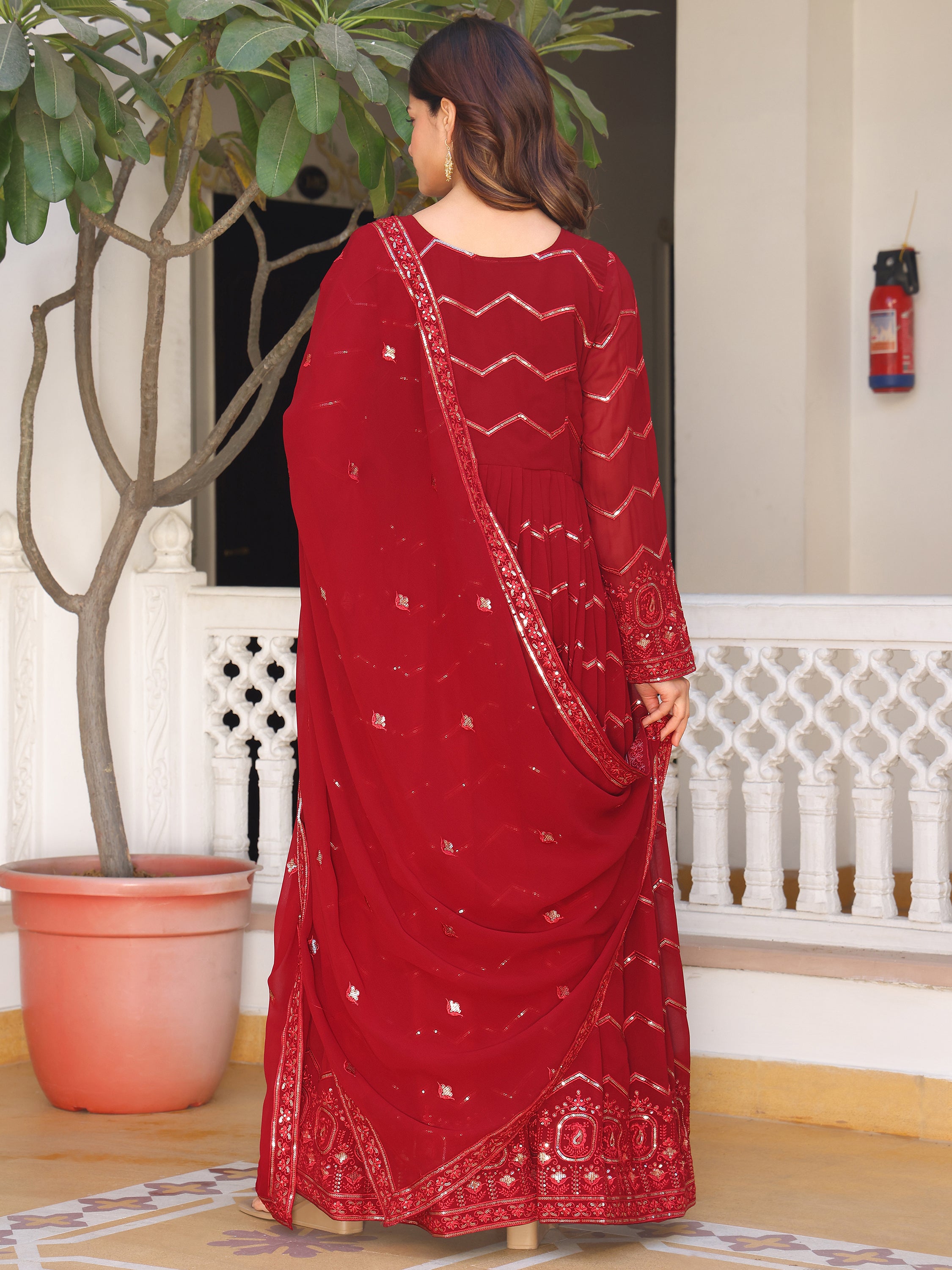 Women's Georgette Anarkali Gown with Zig-Zag Sequin Embroidery and Heavy Ornate Border