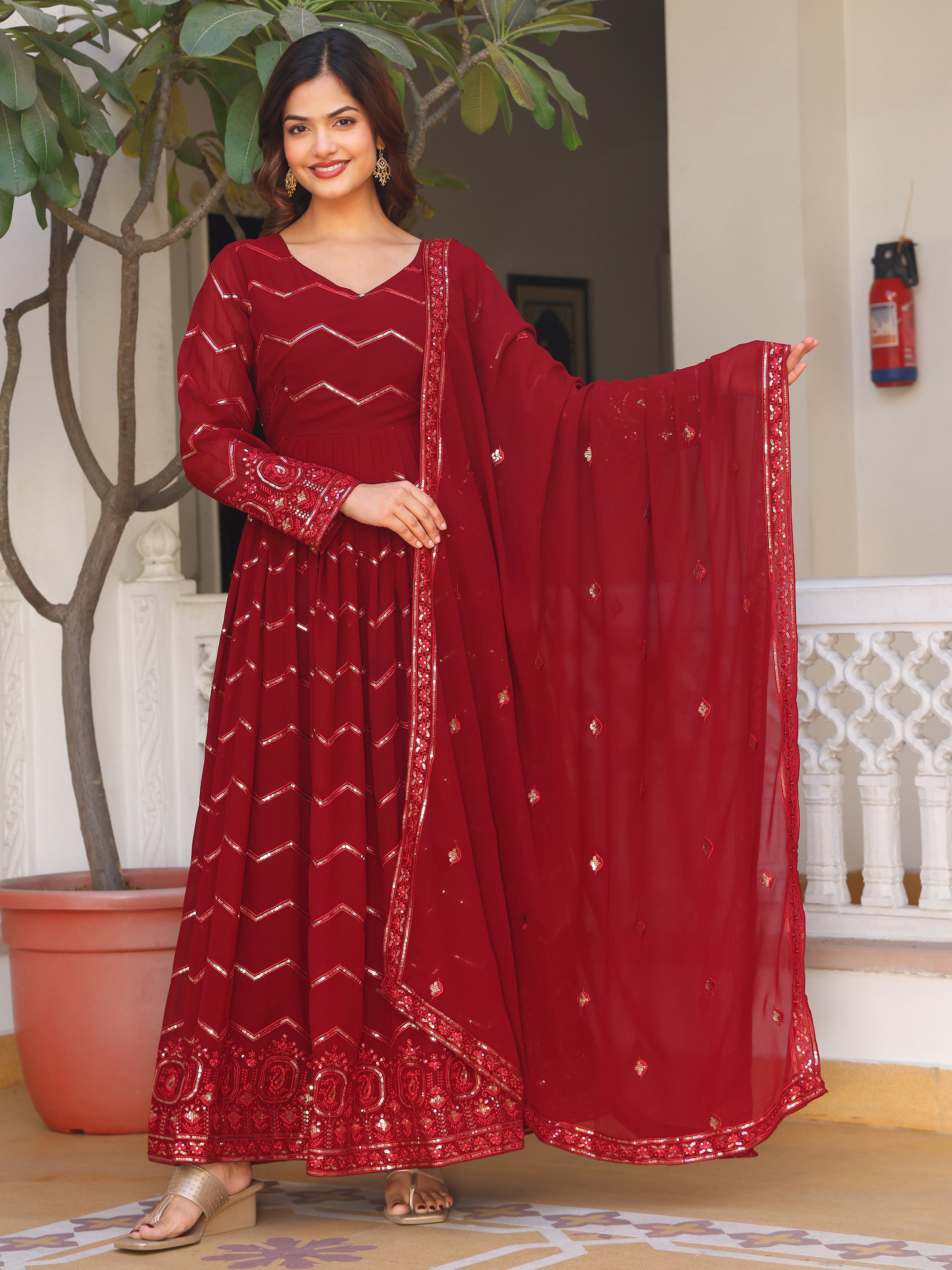 Women's Georgette Anarkali Gown with Zig-Zag Sequin Embroidery and Heavy Ornate Border