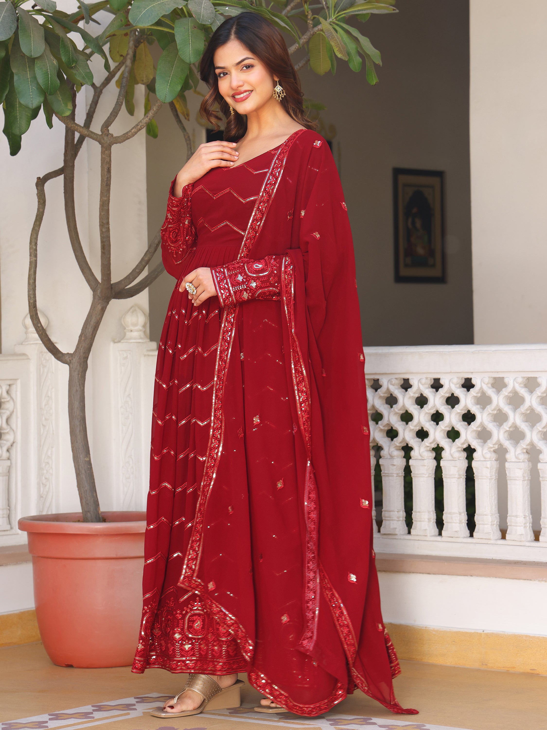 Women's Georgette Anarkali Gown with Zig-Zag Sequin Embroidery and Heavy Ornate Border
