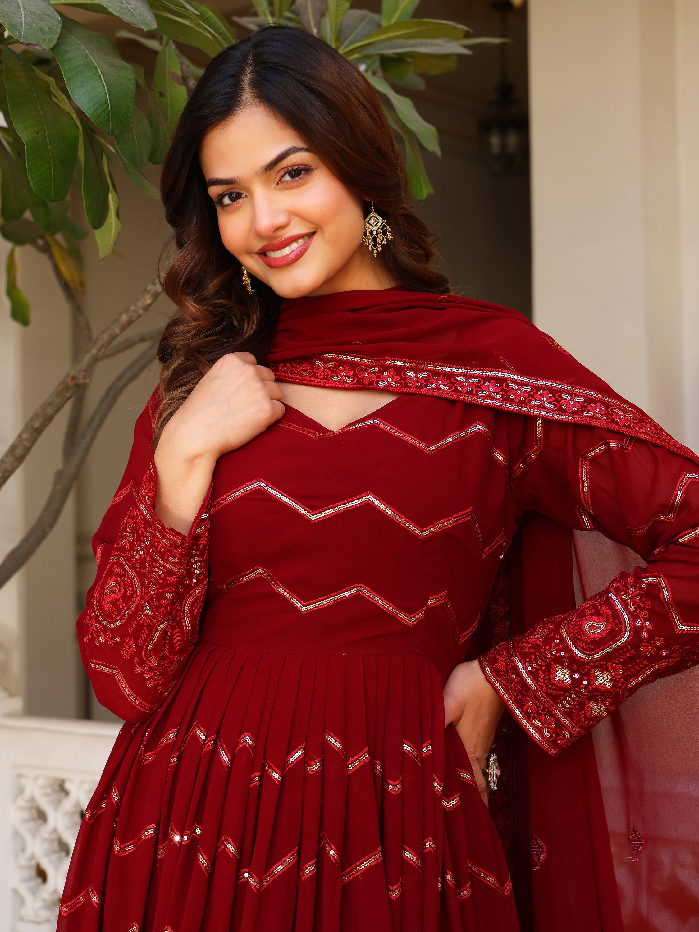 Women's Georgette Anarkali Gown with Zig-Zag Sequin Embroidery and Heavy Ornate Border