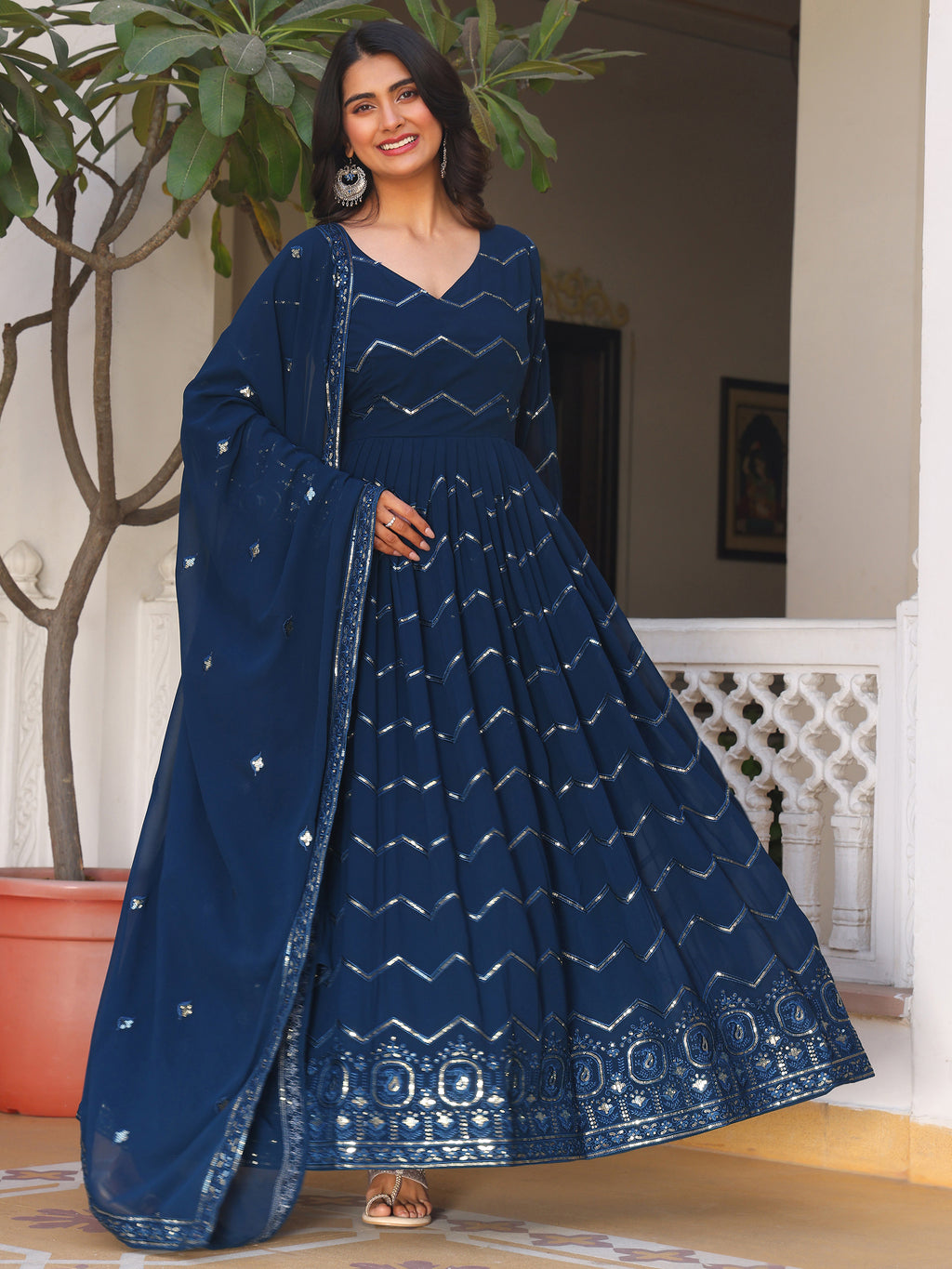 Women's Navy Blue Georgette Anarkali Gown with Silver Zig-Zag Sequins & Ornate Hemline