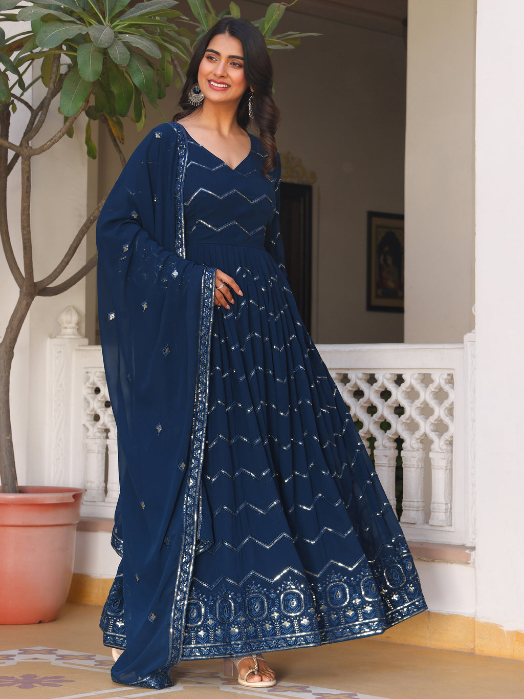 Women's Navy Blue Georgette Anarkali Gown with Silver Zig-Zag Sequins & Ornate Hemline