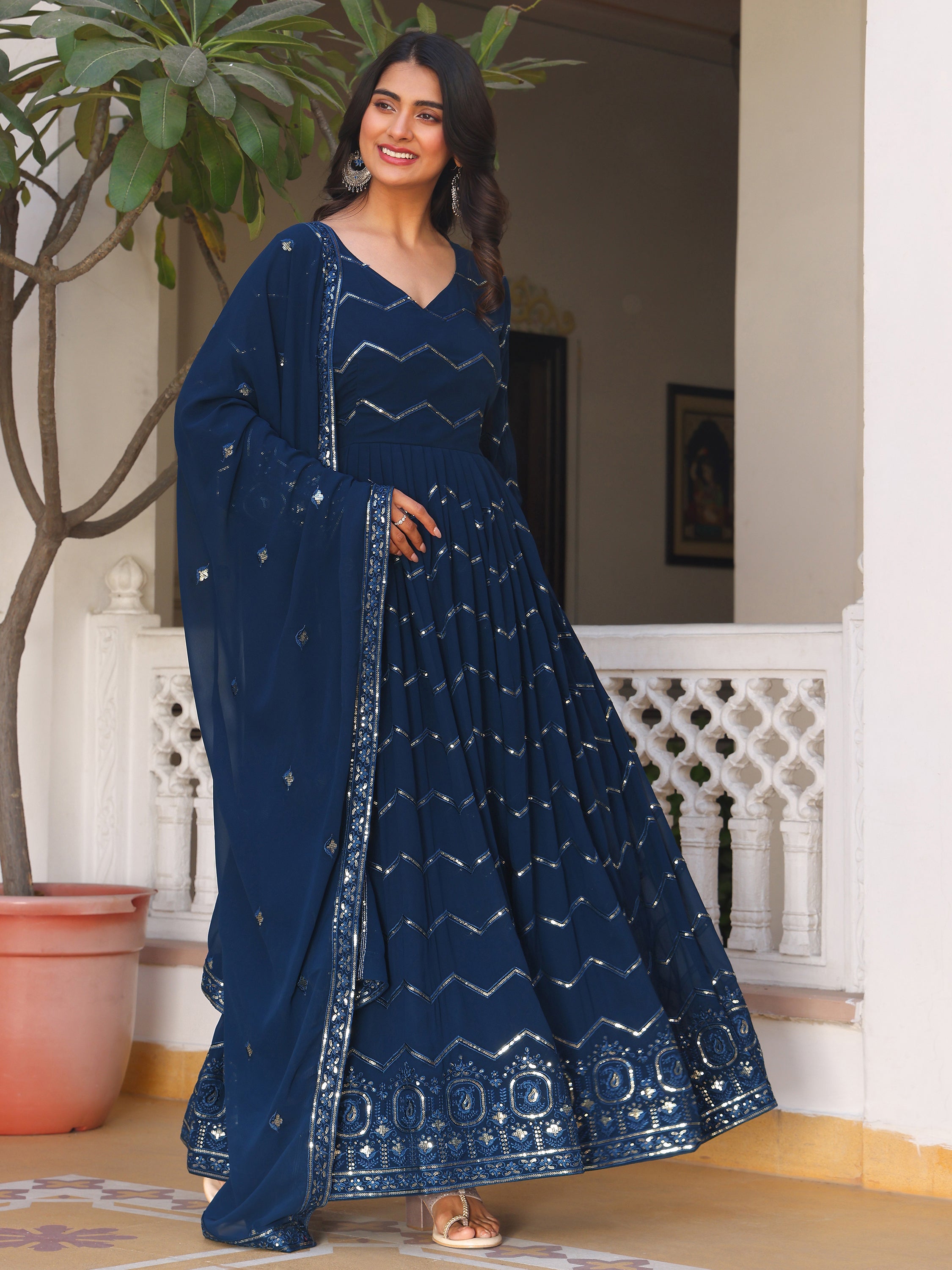 Women's Navy Blue Georgette Anarkali Gown with Silver Zig-Zag Sequins & Ornate Hemline