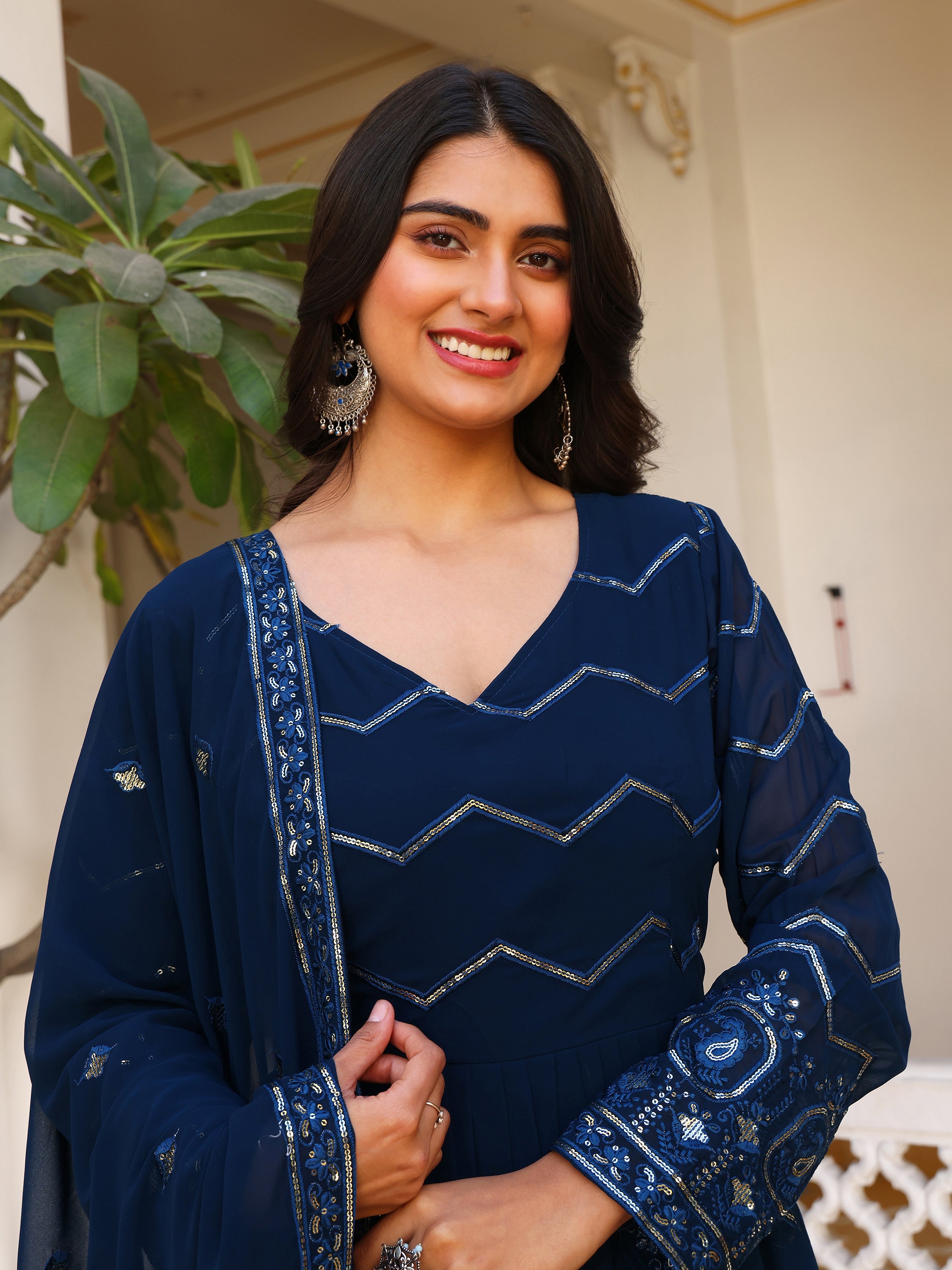 Women's Navy Blue Georgette Anarkali Gown with Silver Zig-Zag Sequins & Ornate Hemline