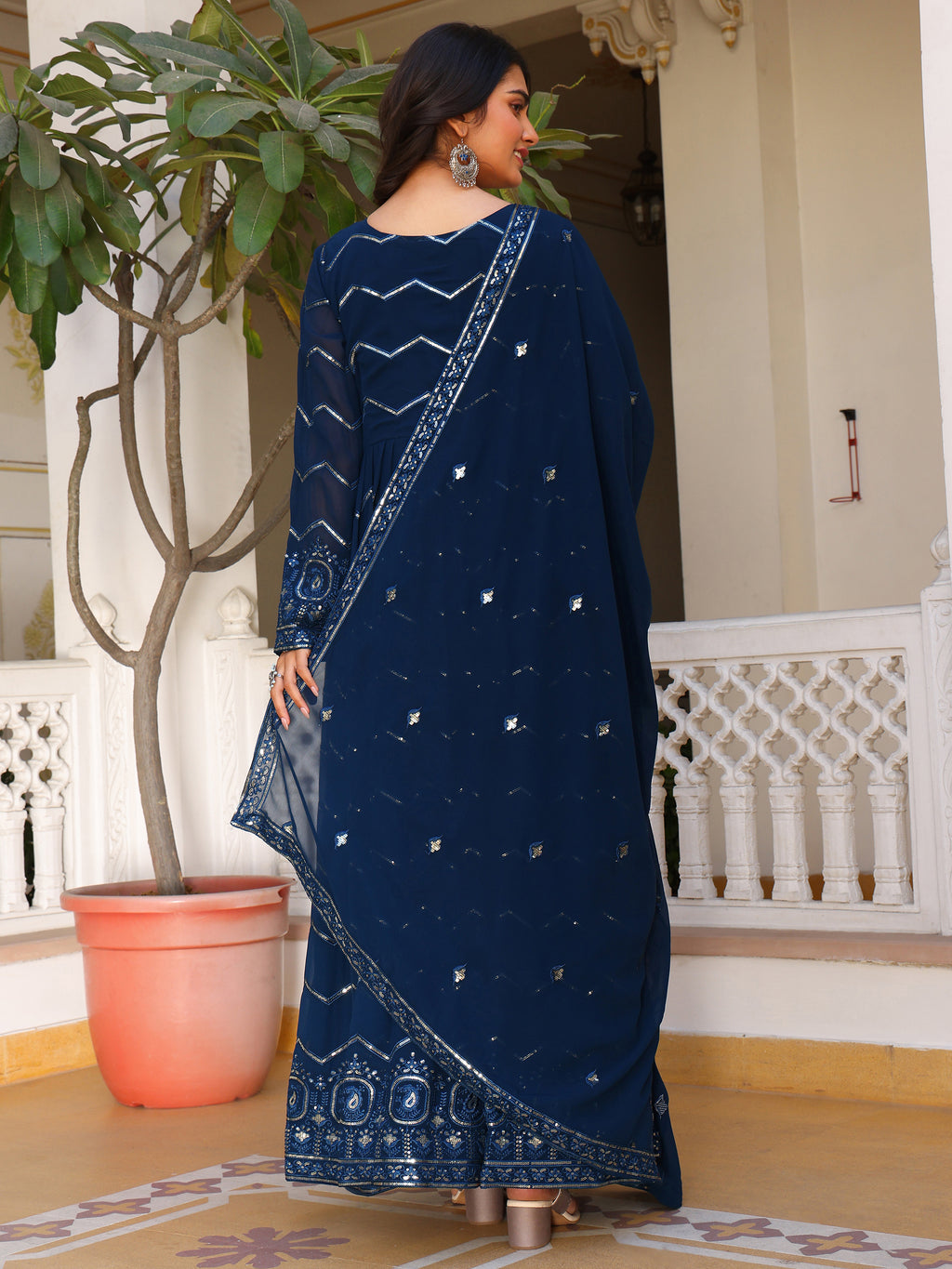 Women's Navy Blue Georgette Anarkali Gown with Silver Zig-Zag Sequins & Ornate Hemline