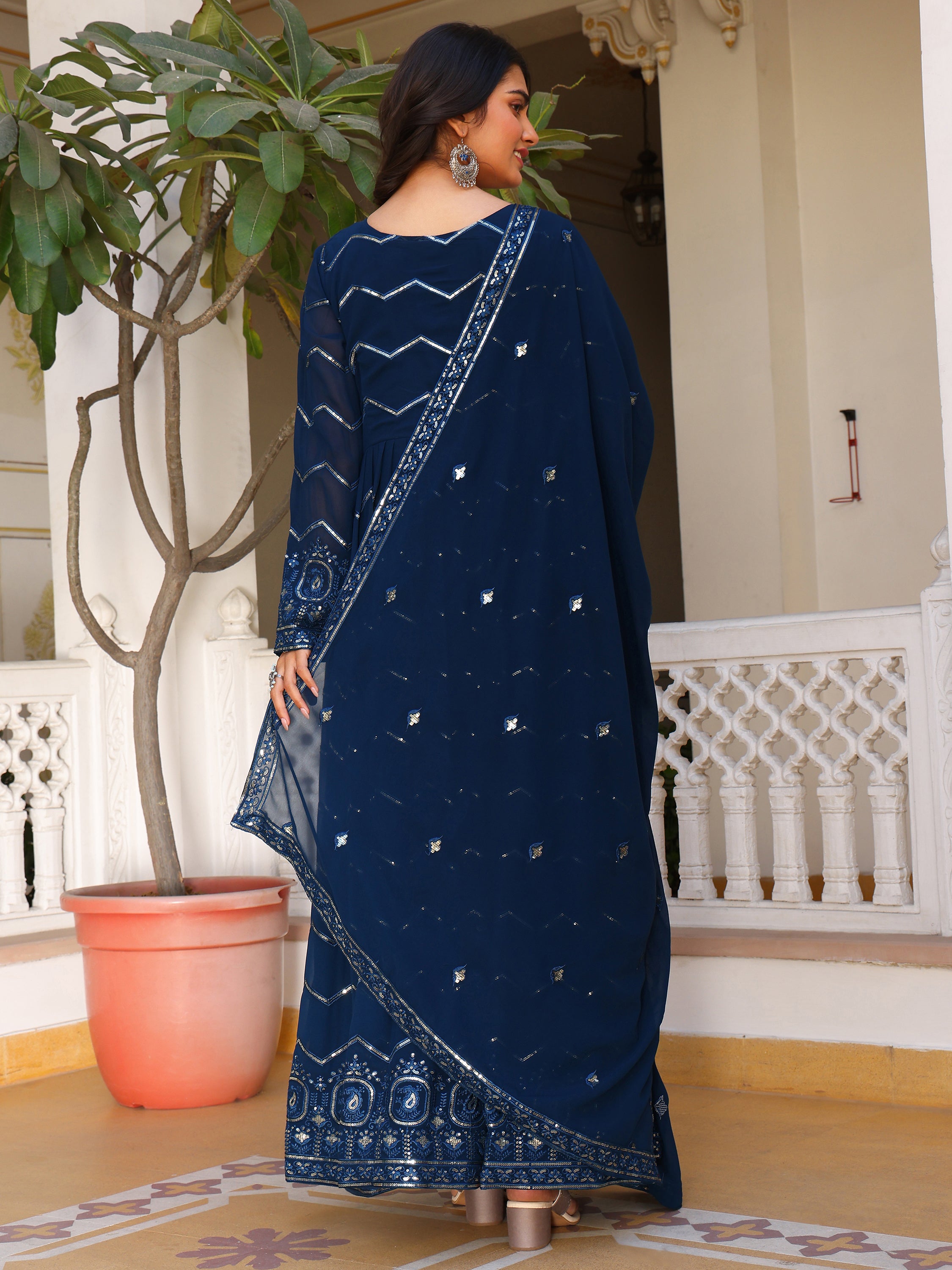 Women's Navy Blue Georgette Anarkali Gown with Silver Zig-Zag Sequins & Ornate Hemline