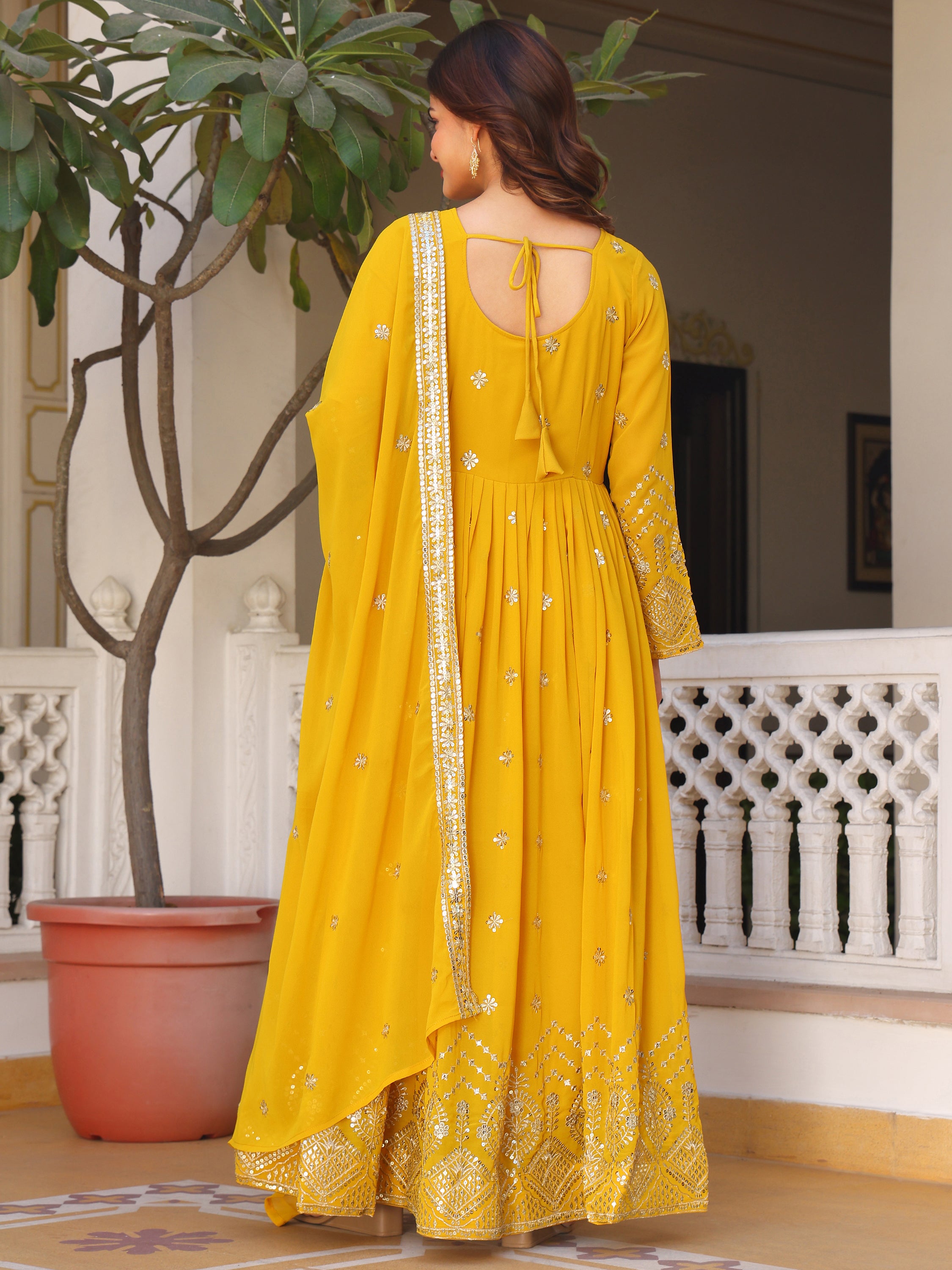 Mustard Yellow Embroidered Anarkali Kurti with Dupatta for Women