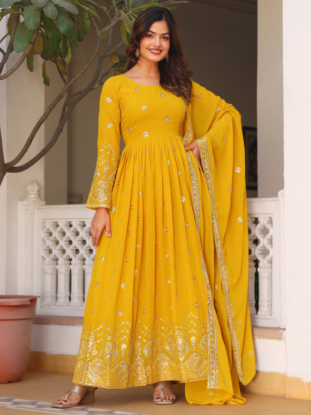 Mustard Yellow Embroidered Anarkali Kurti with Dupatta for Women