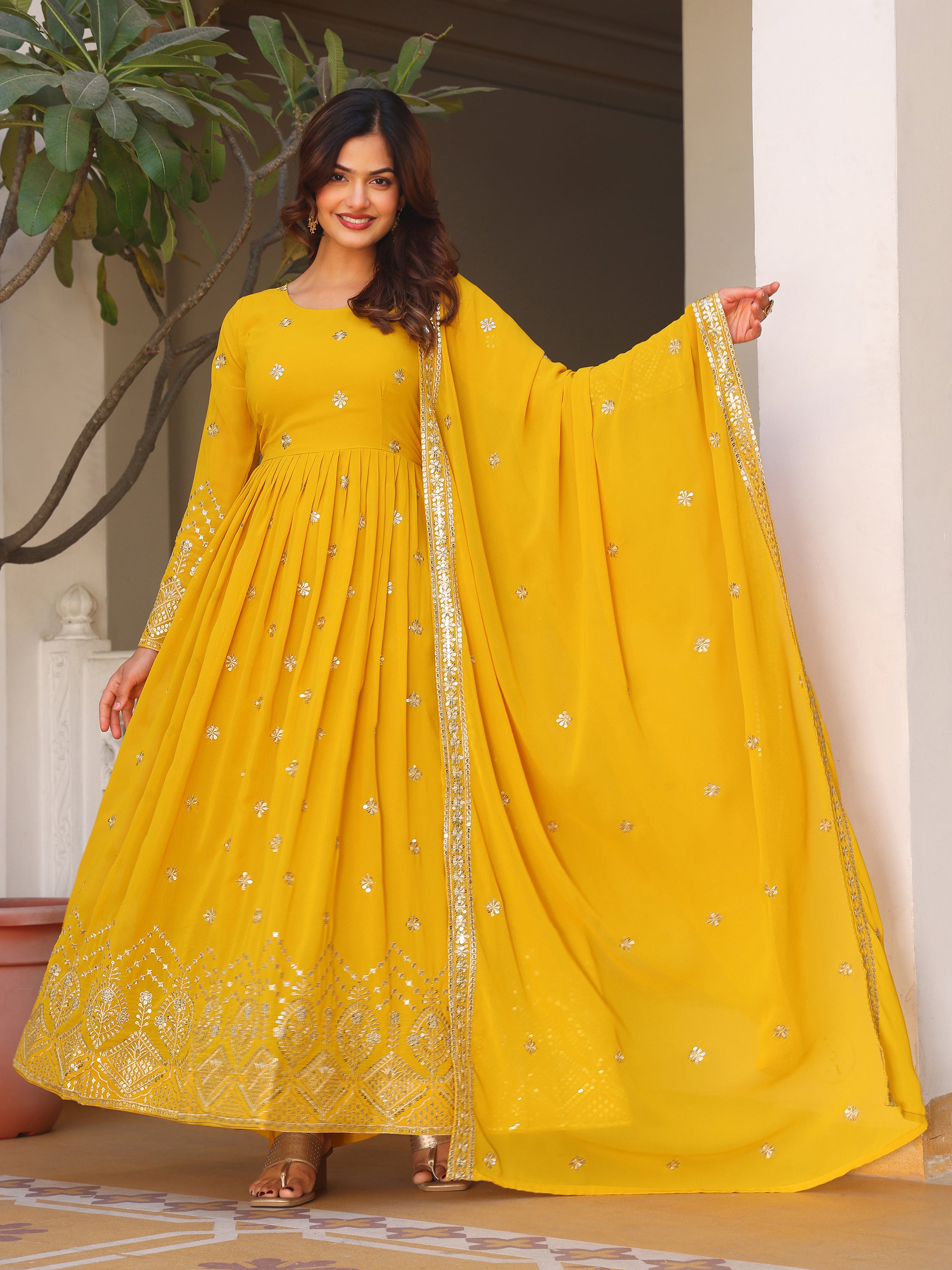 Mustard Yellow Embroidered Anarkali Kurti with Dupatta for Women