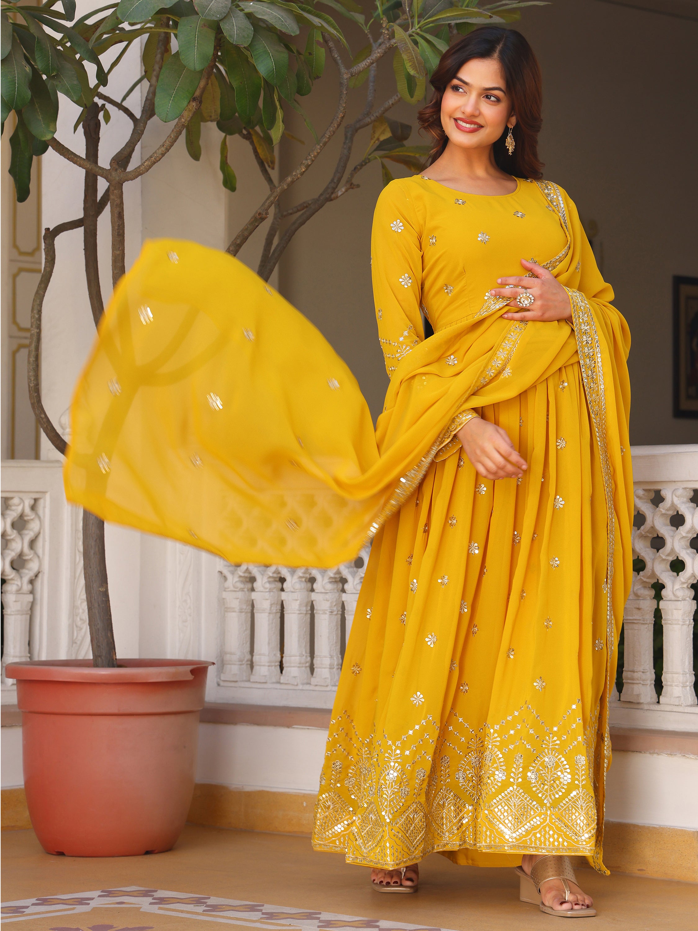 Mustard Yellow Embroidered Anarkali Kurti with Dupatta for Women