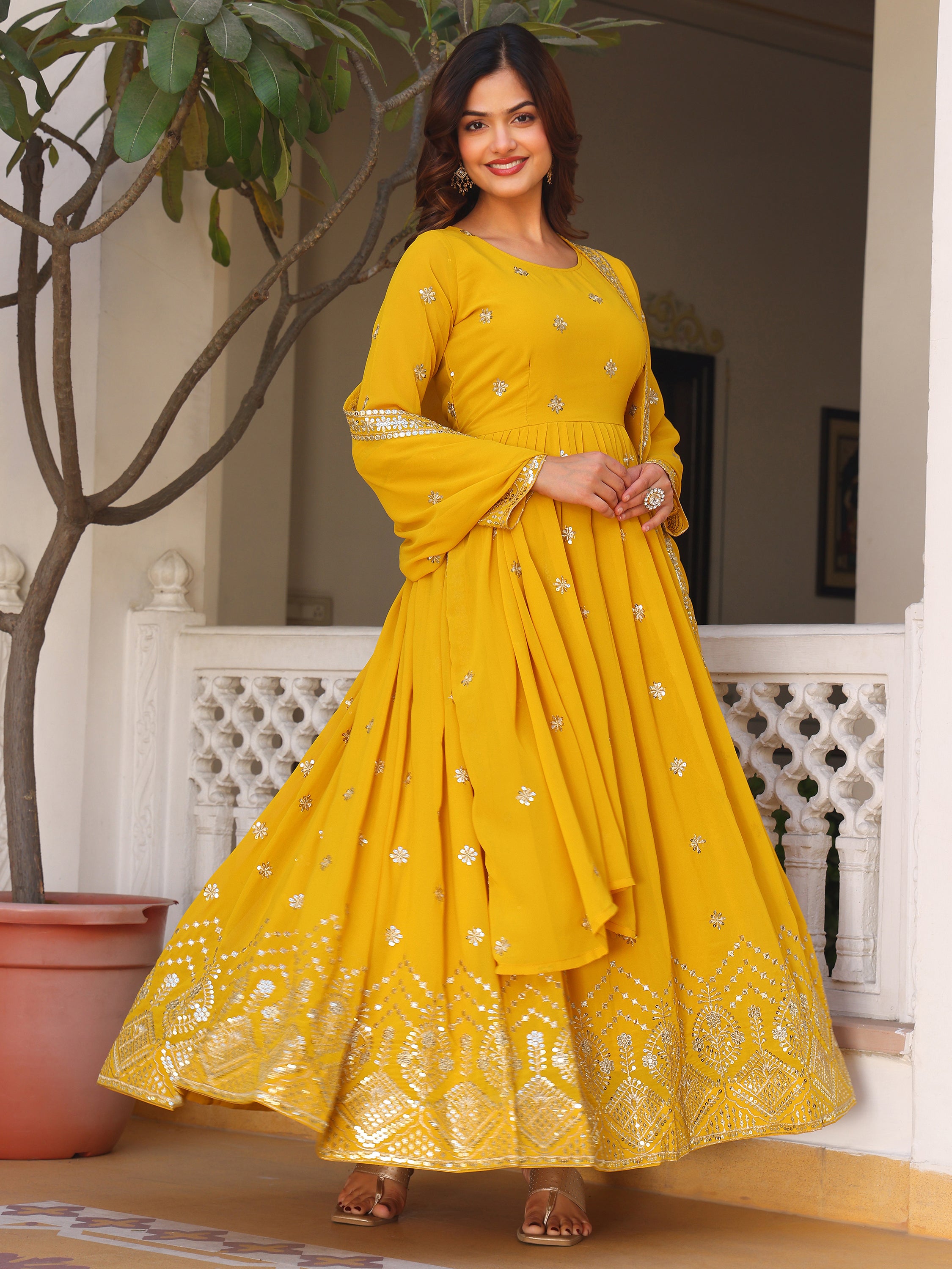 Mustard Yellow Embroidered Anarkali Kurti with Dupatta for Women