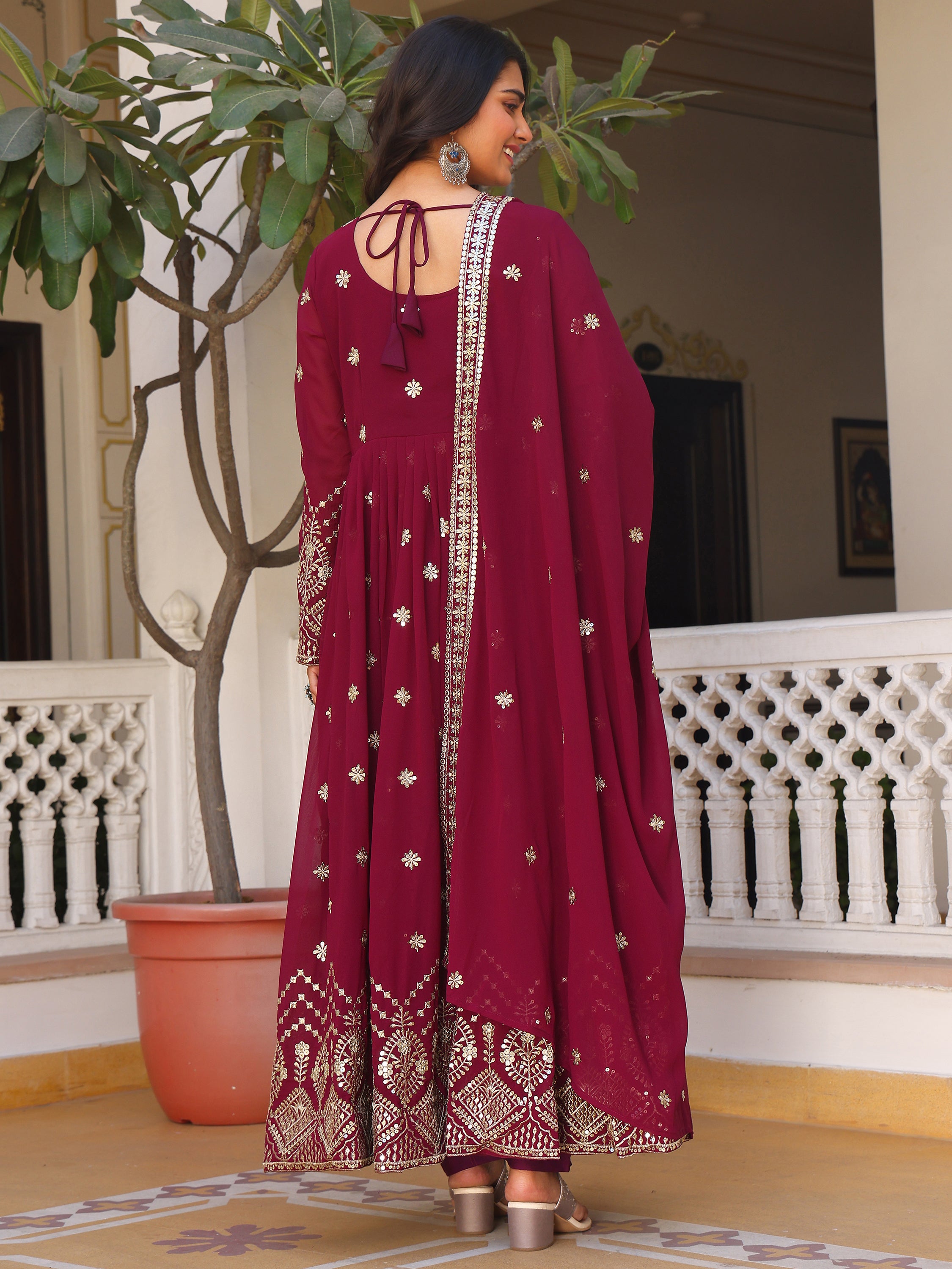 Deep Purple Embroidered Anarkali Kurti with Dupatta for Women