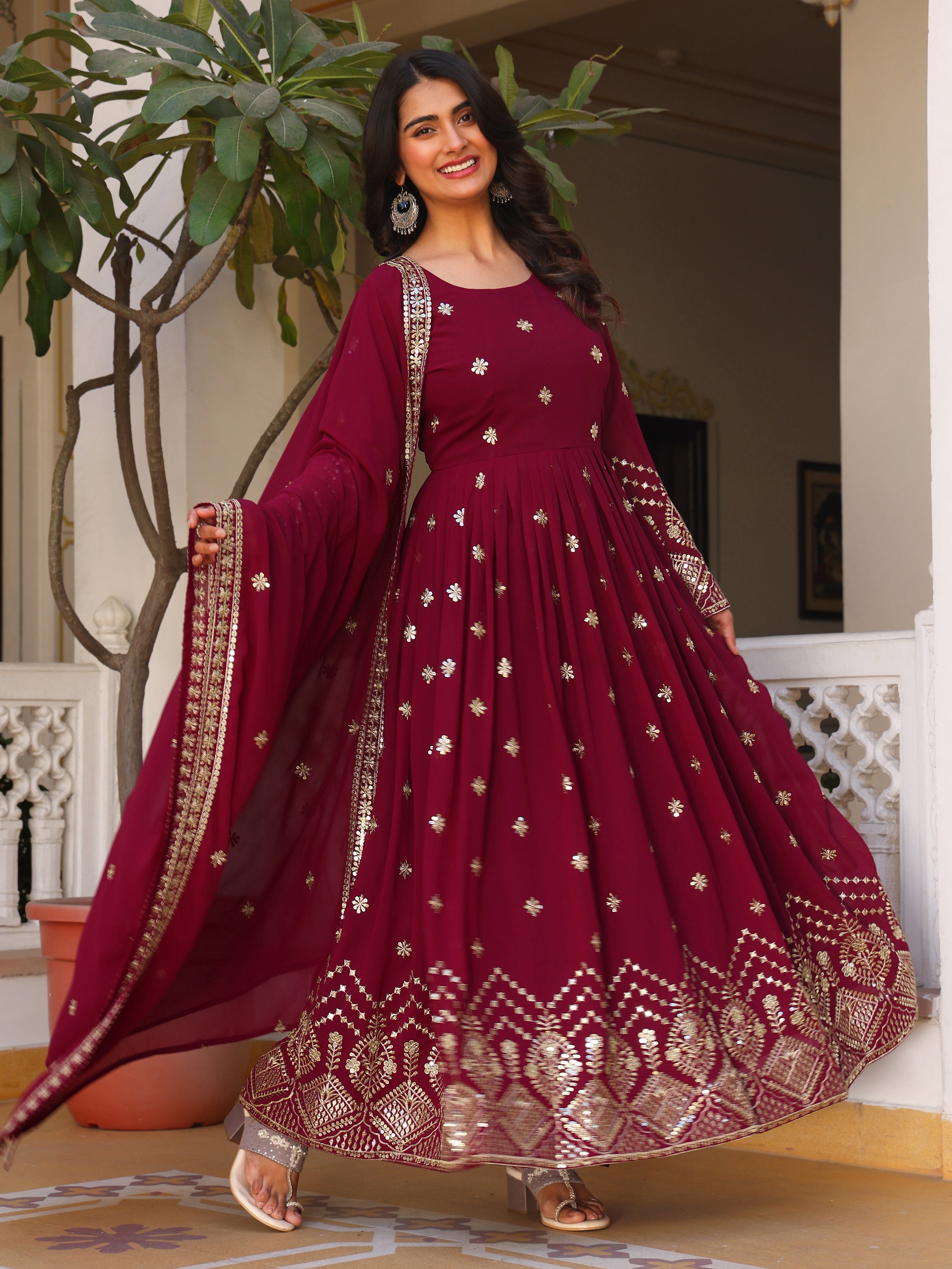 Deep Purple Embroidered Anarkali Kurti with Dupatta for Women