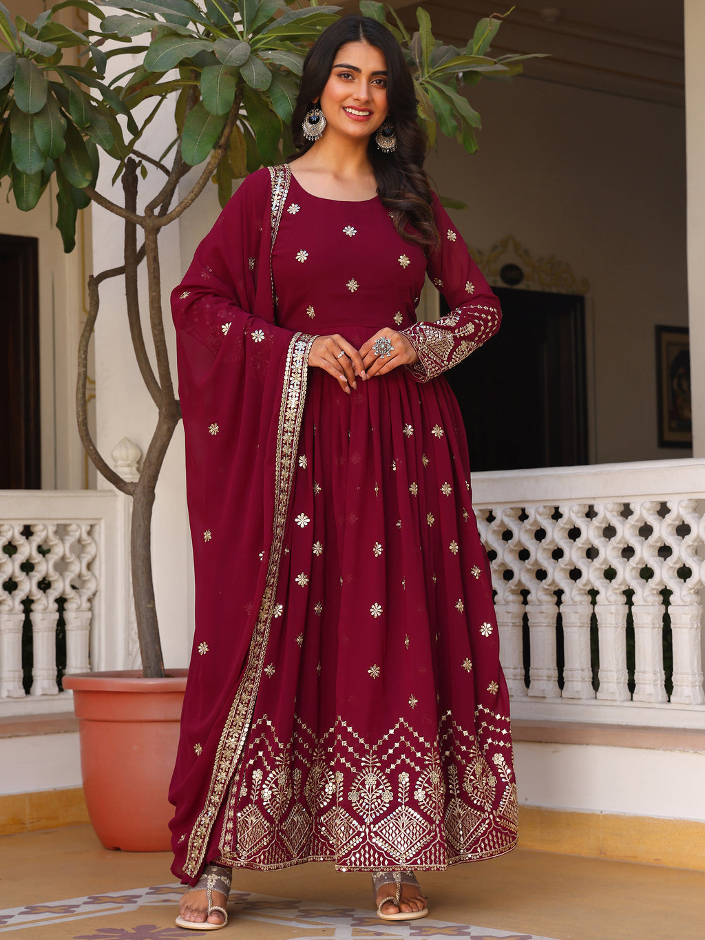Deep Purple Embroidered Anarkali Kurti with Dupatta for Women