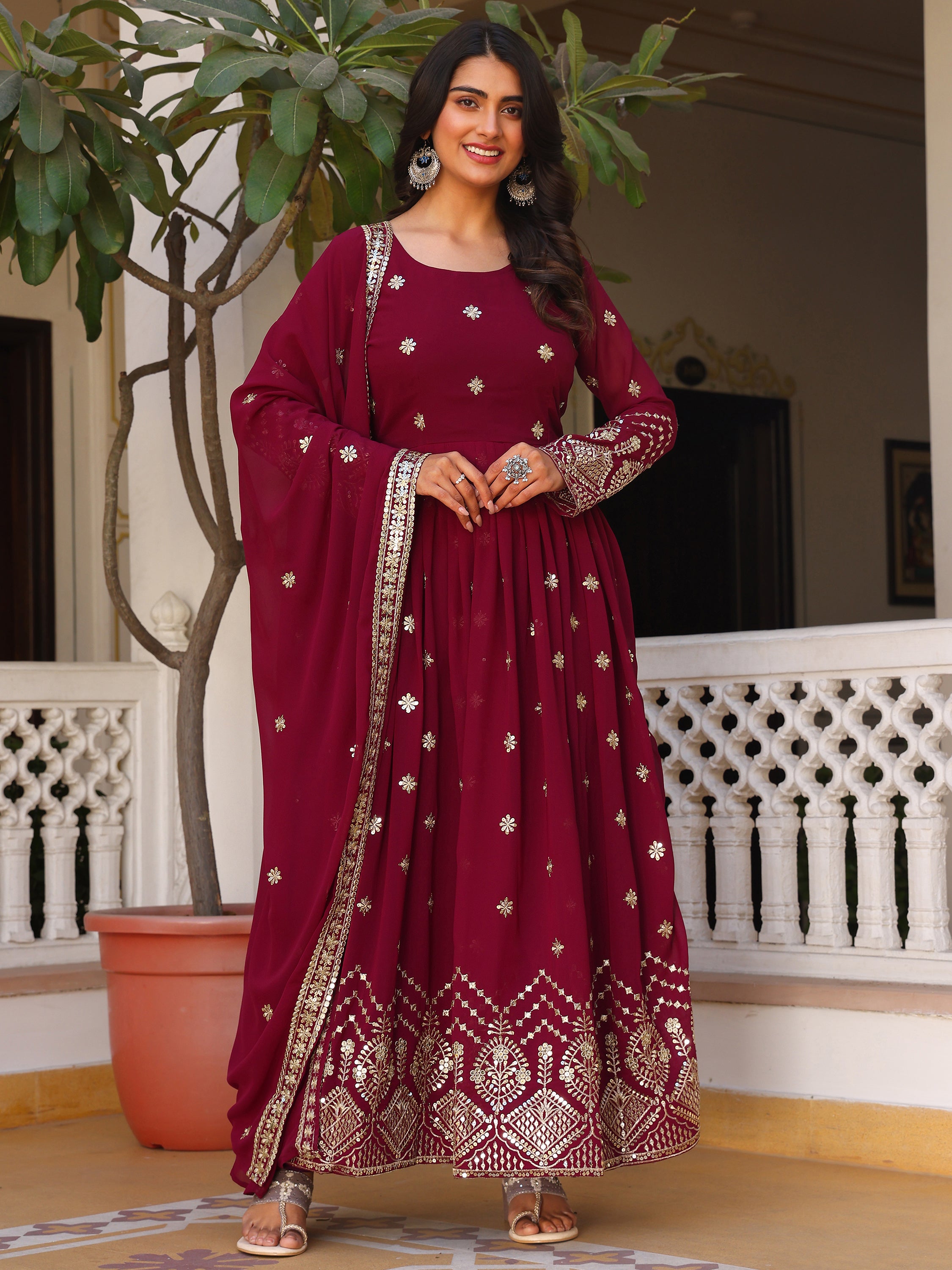 Deep Purple Embroidered Anarkali Kurti with Dupatta for Women