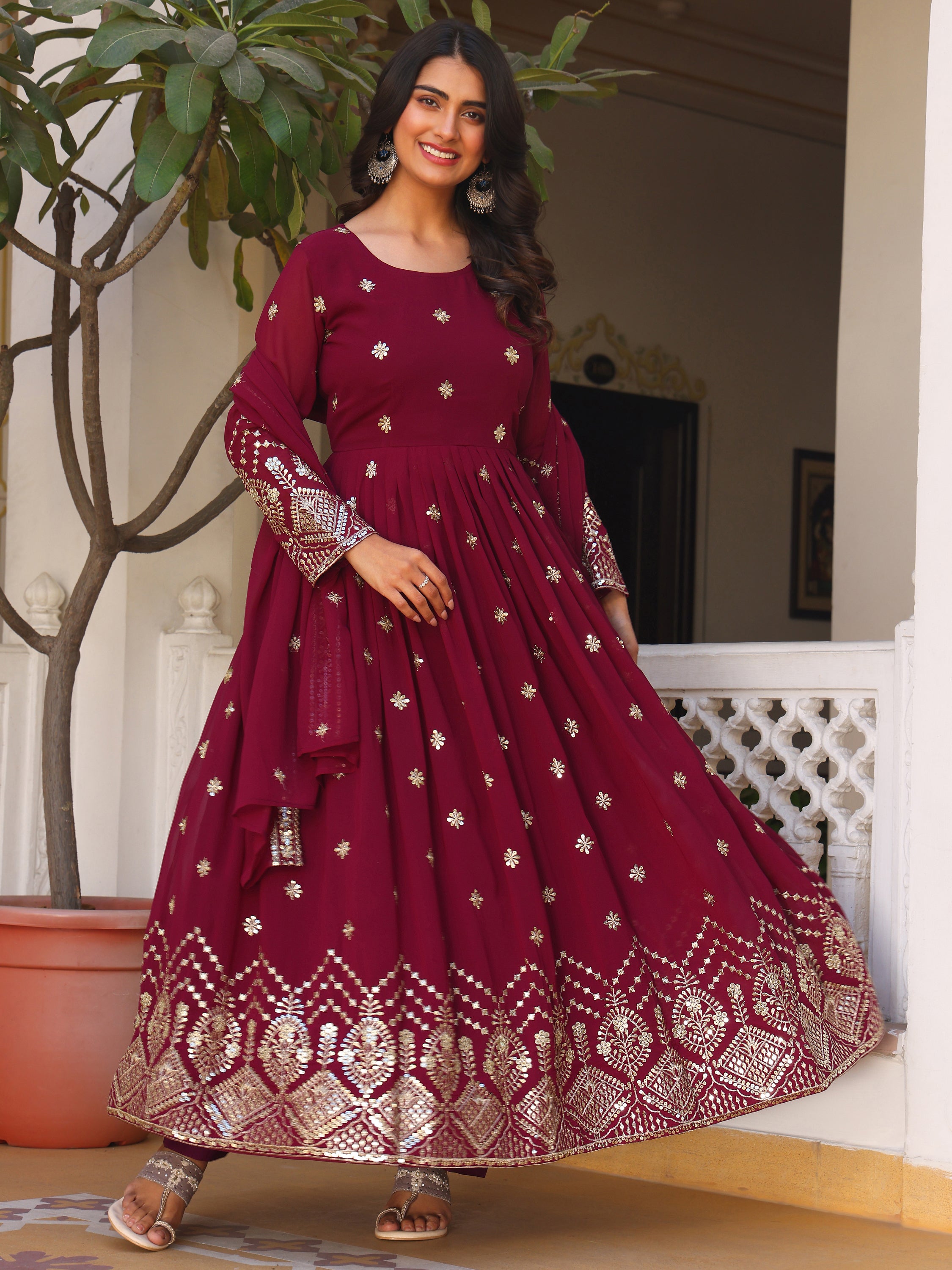Deep Purple Embroidered Anarkali Kurti with Dupatta for Women